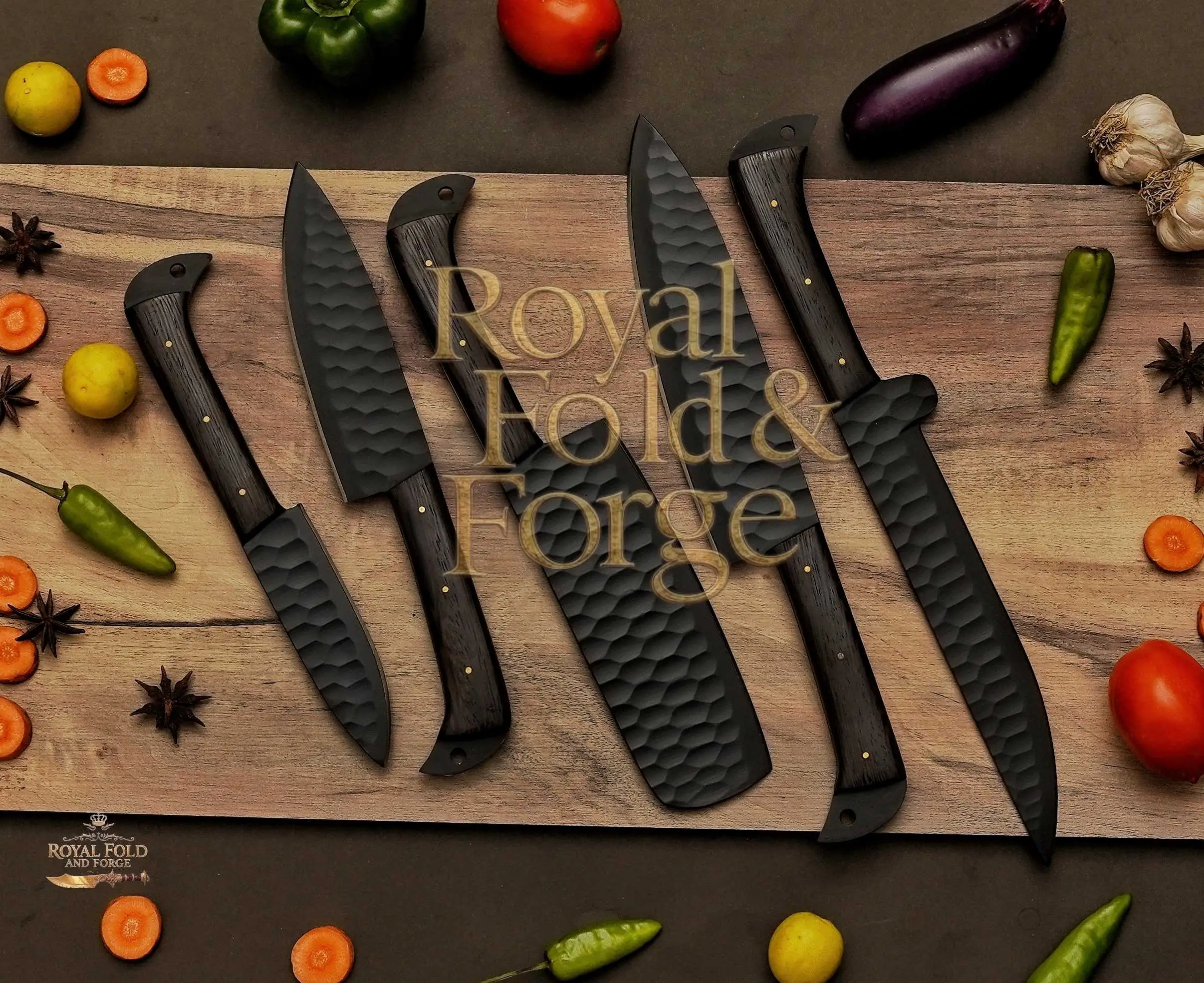 Detailed view 3 of Hand-forged Damascus steel 5-Piece Hammered Black Chef Tool Set with Dark Wood Handles