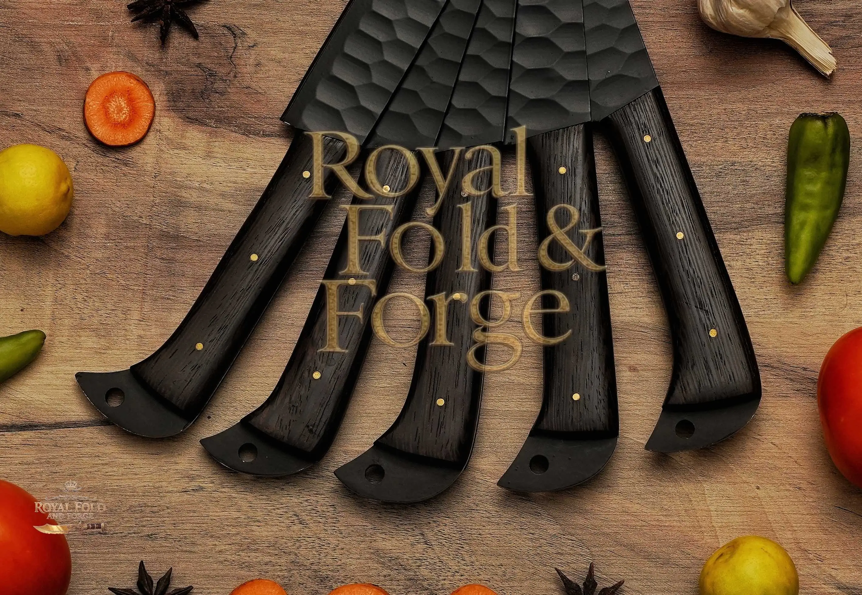 Detailed view 4 of Hand-forged Damascus steel 5-Piece Hammered Black Chef Tool Set with Dark Wood Handles
