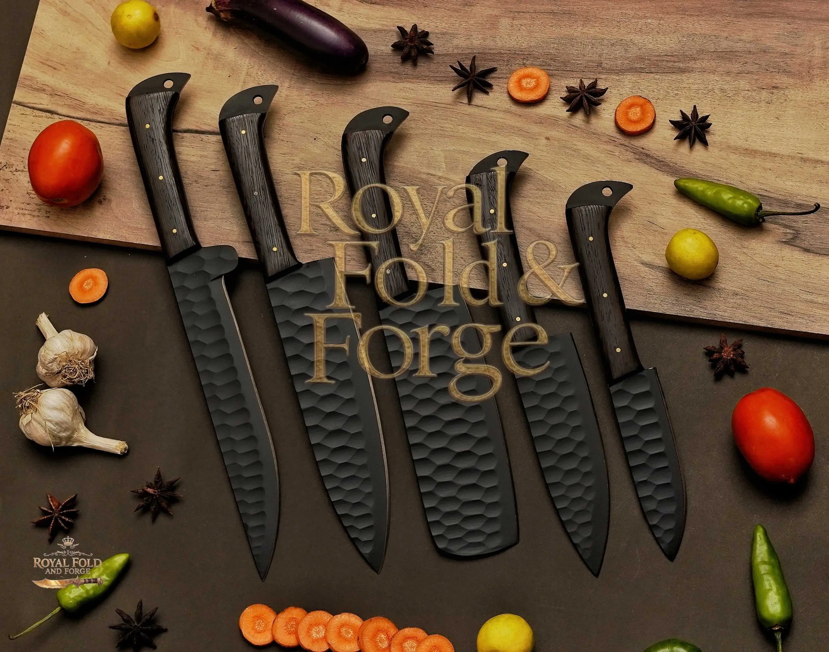 Detailed view 5 of Hand-forged Damascus steel 5-Piece Hammered Black Chef Tool Set with Dark Wood Handles