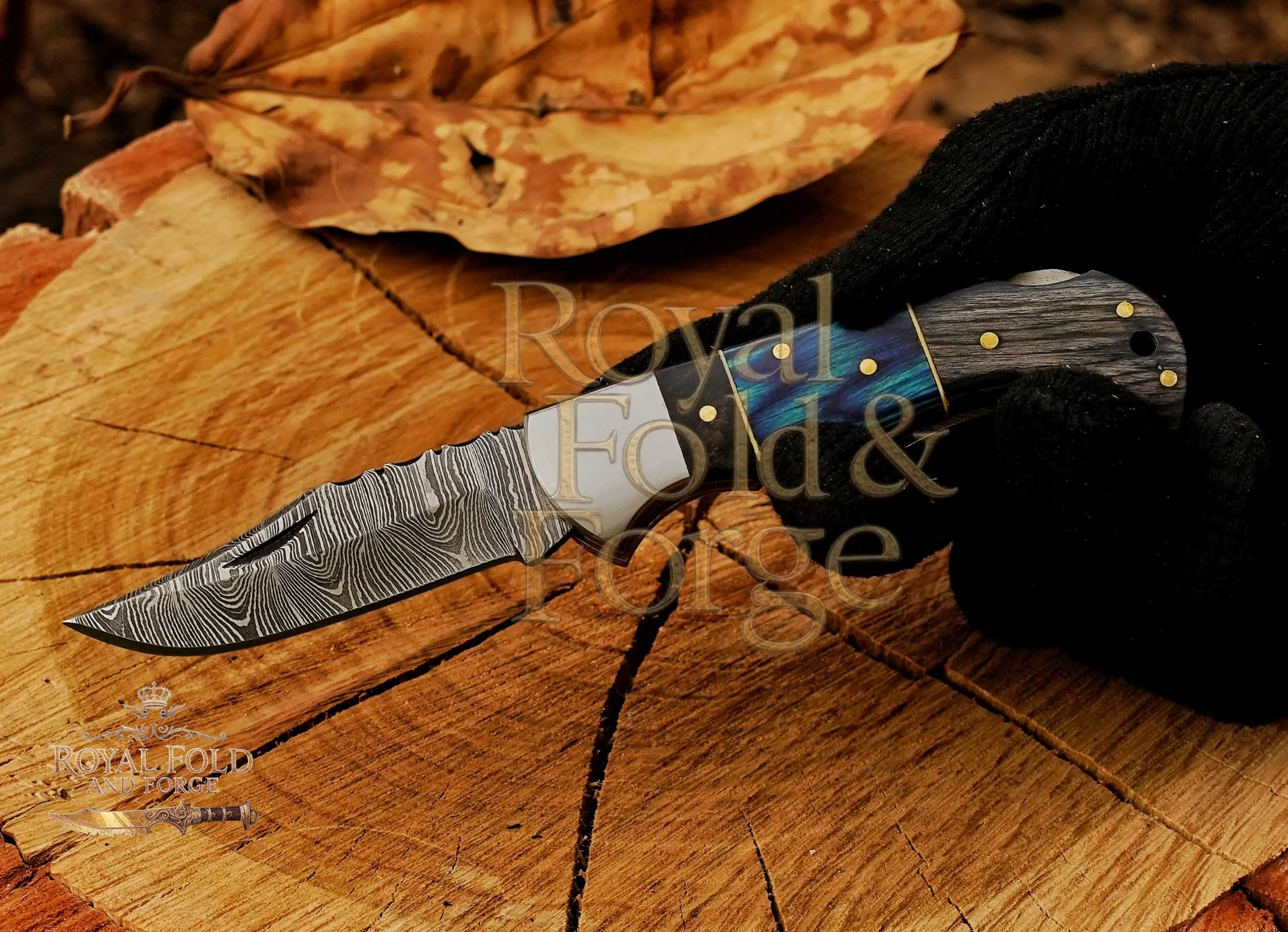 Damascus Steel camping Knife with Blue Handle