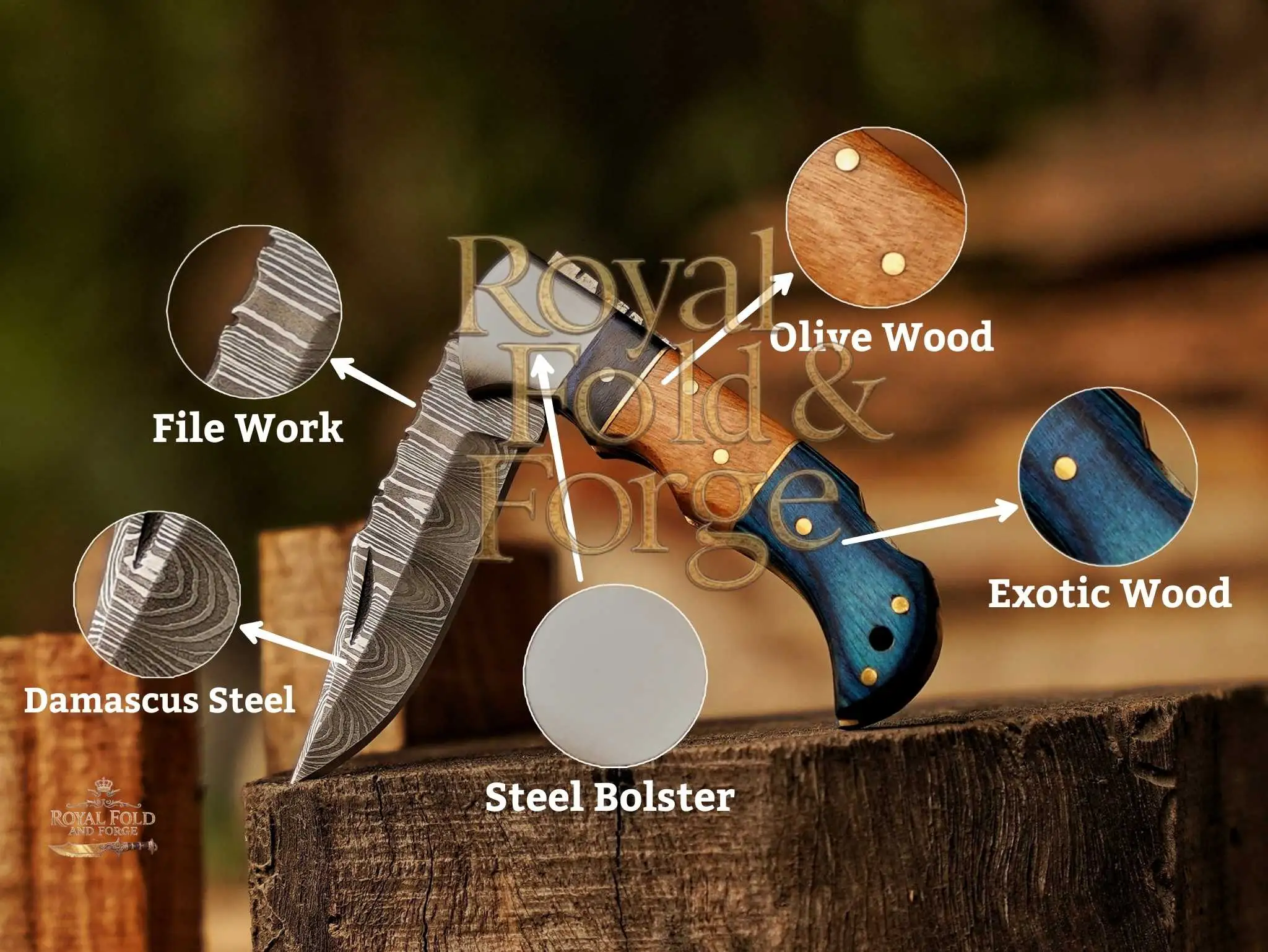 Detailed view 7 of Hand-forged Damascus steel Damascus Steel Camping Tool with Blue Handle