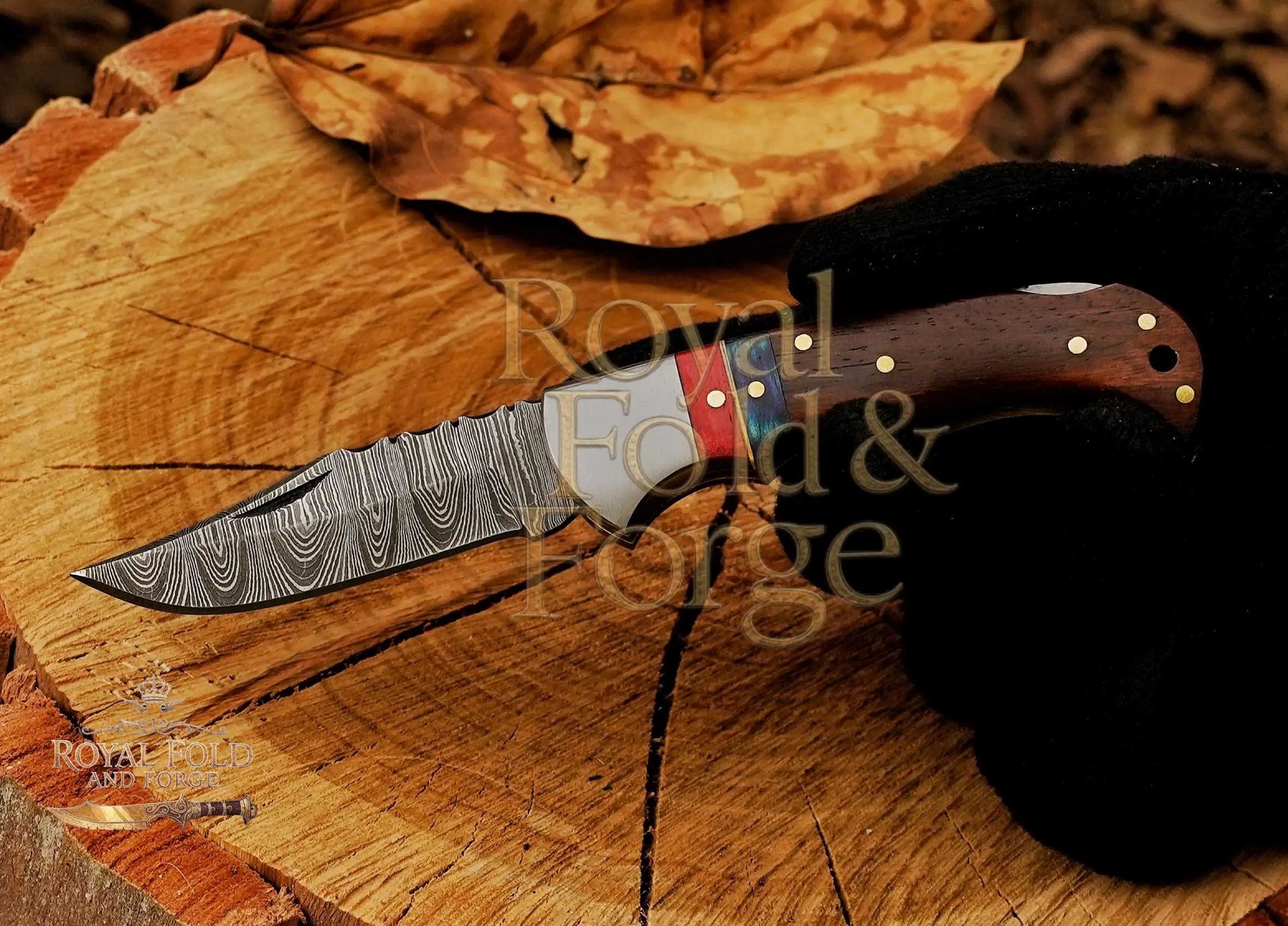 Premium Damascus camping Knife – Featuring Brown Wooden Handle