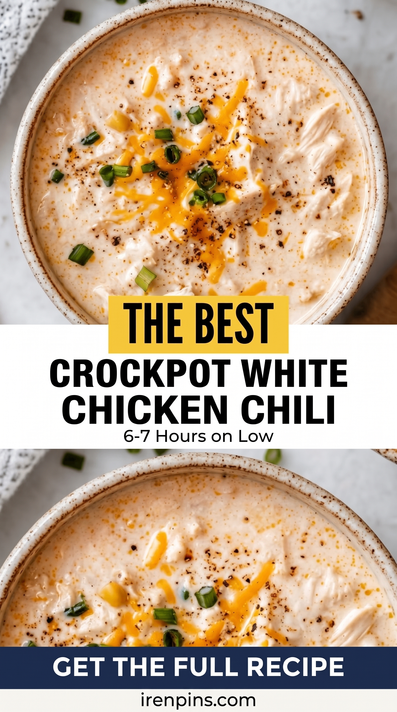 Two bowls of creamy white chicken chili topped with cheddar and green onion, titled Crockpot White Chicken Chili.