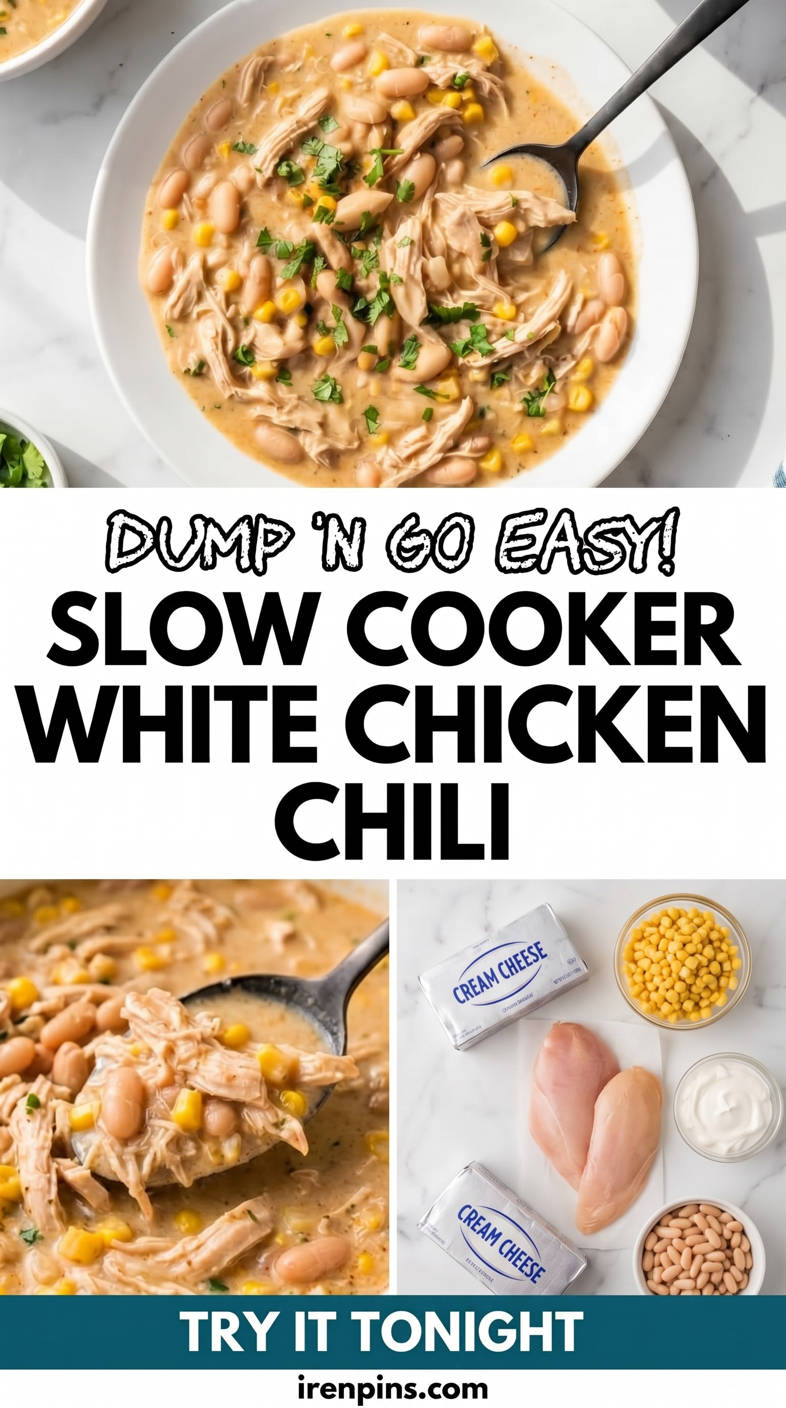 A bowl of white chicken chili above cream cheese, chicken breasts, white beans, corn and sour cream on a counter, titled Slow Cooker White Chicken Chili.