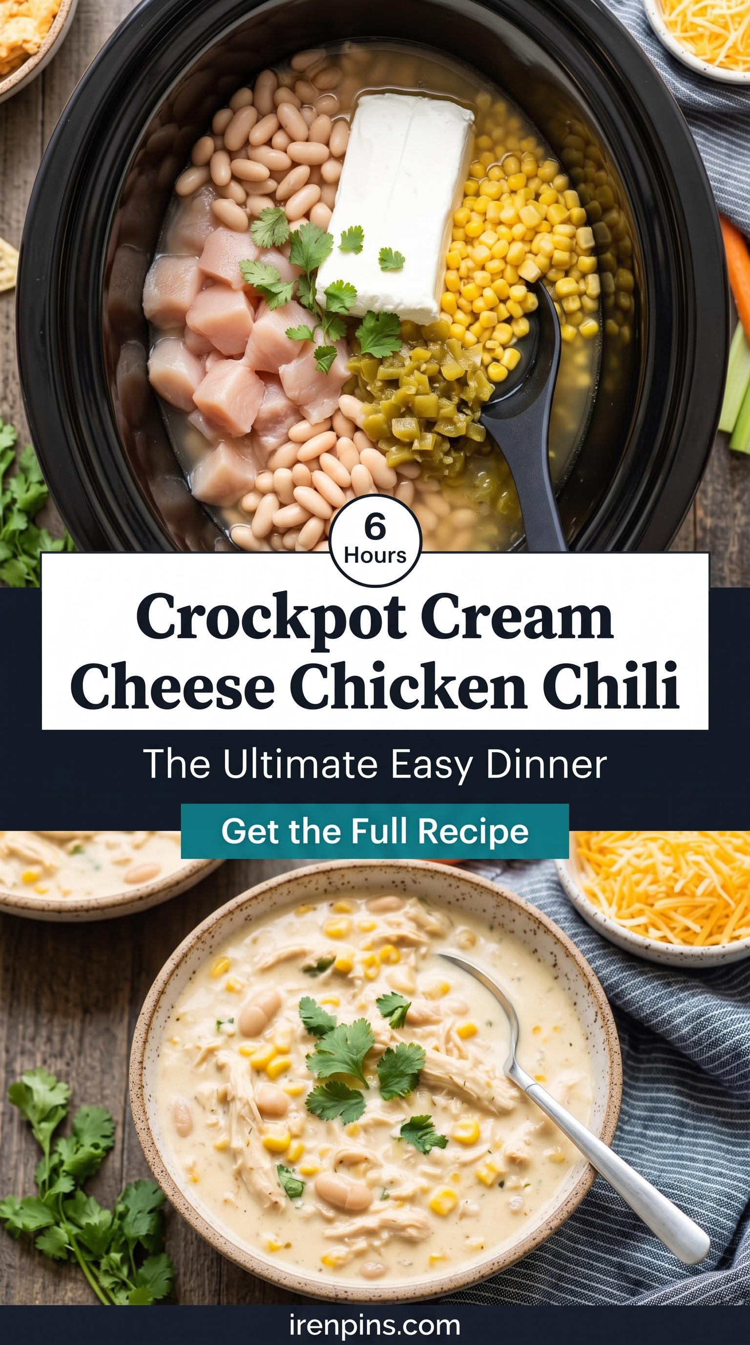Raw chicken, white beans, corn, green chiles and a block of cream cheese in a black slow cooker above a bowl of finished creamy white chicken chili, titled Crockpot Cream Cheese Chicken Chili.