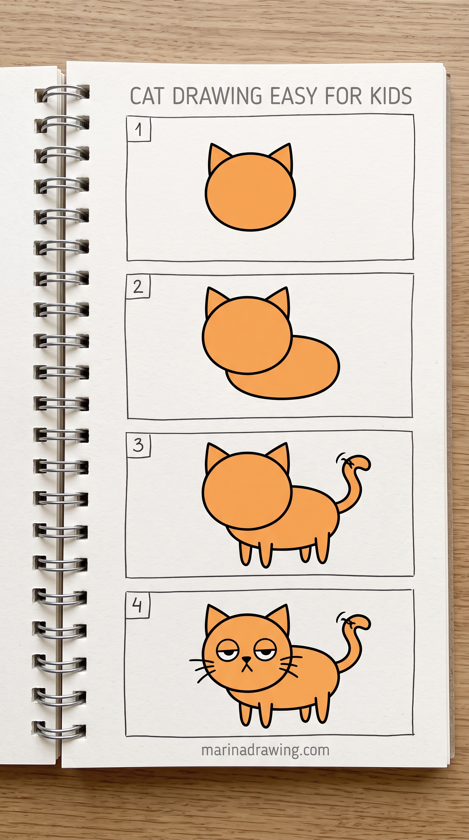 Cat drawing easy for kids: circle, ears, oval, done