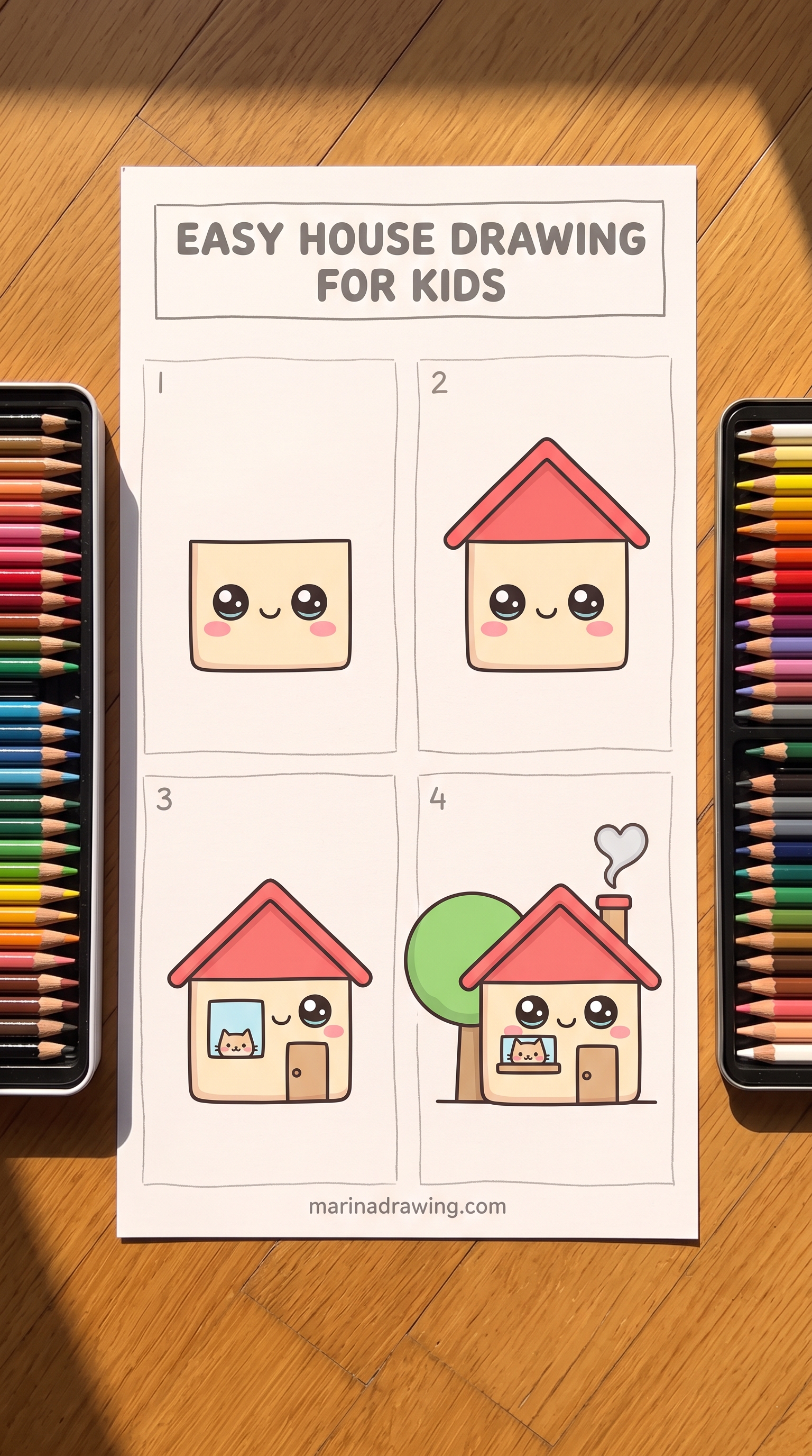 Easy house drawing for kids, five shapes with a tree