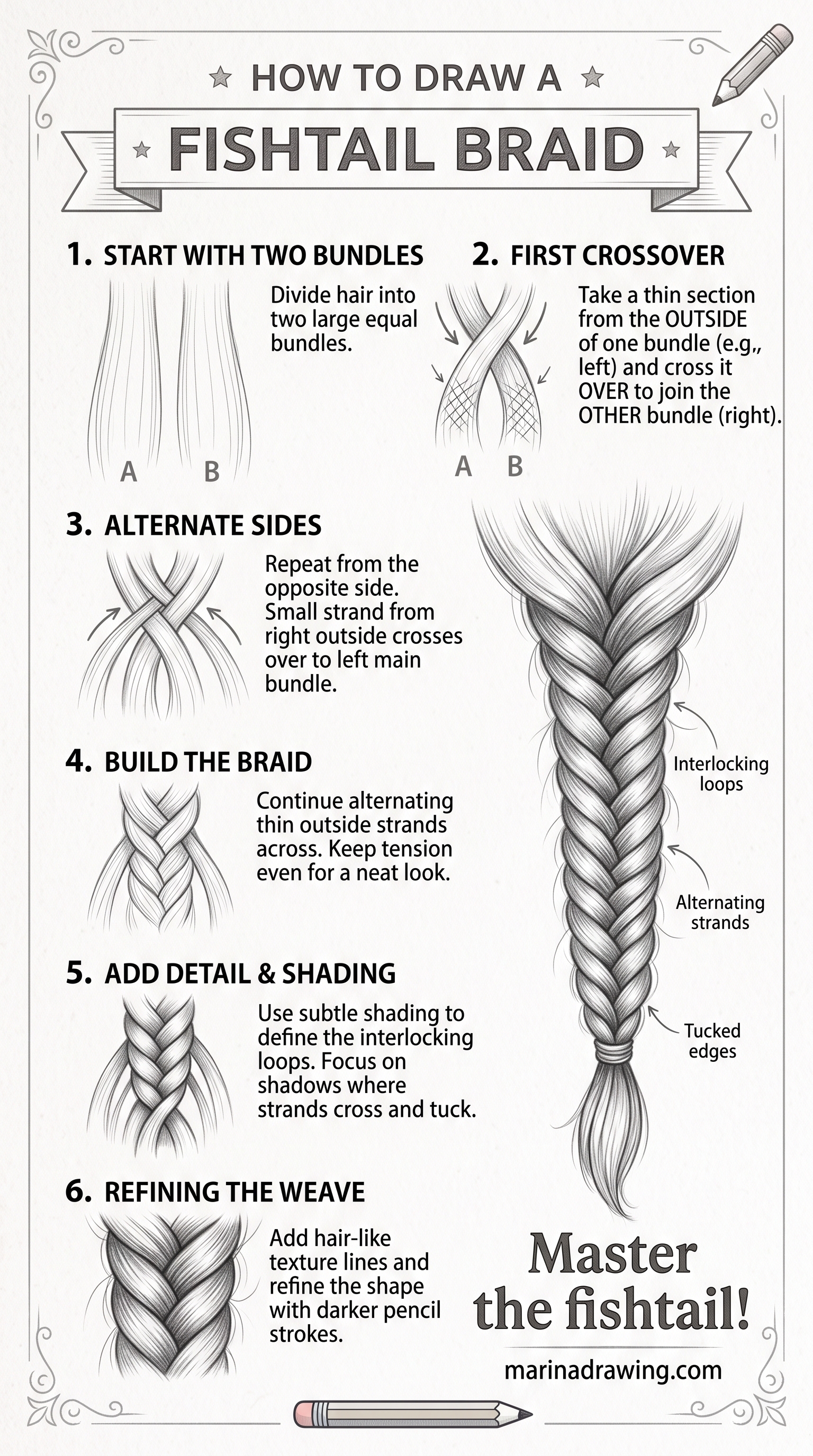 How to Draw a Fishtail Braid: Two Bundles, One Crossover at a Time