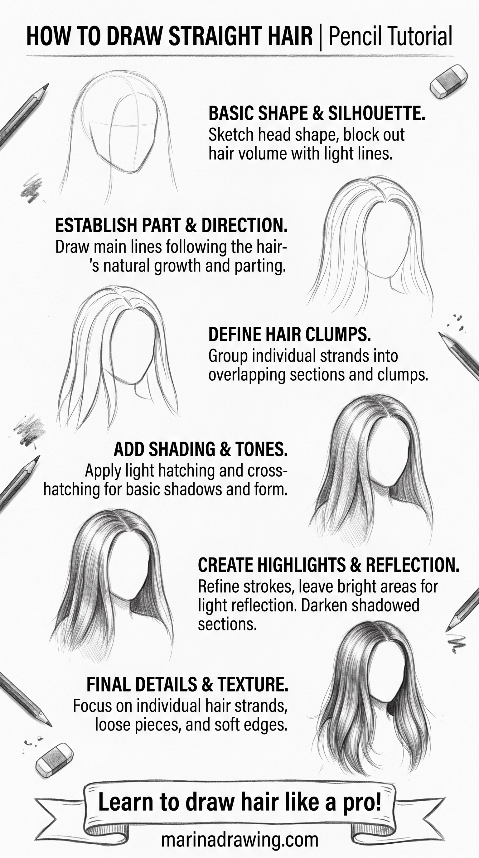 How to Draw Straight Hair: Group Clumps, Not Parallel Lines