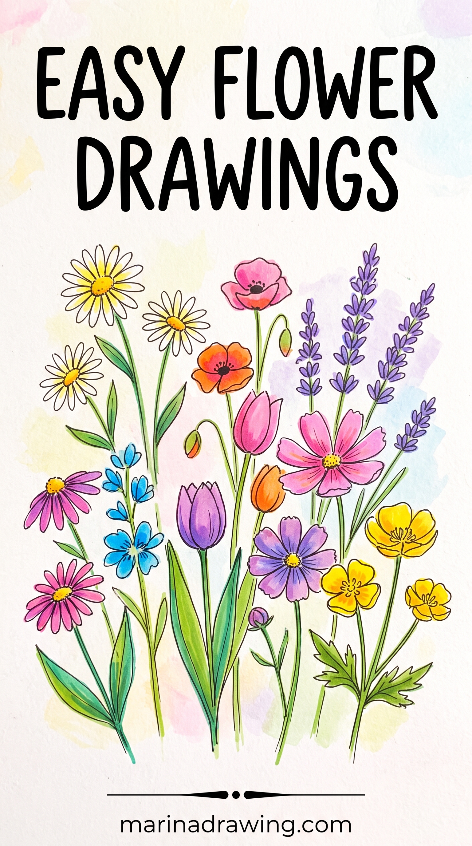 Easy flower drawings — a sketchbook page of six simple pencil flowers, daisy, tulip, five-petal flower, rose, bell flower and coneflower, with a pencil and eraser, similar to easy drawings flowers..