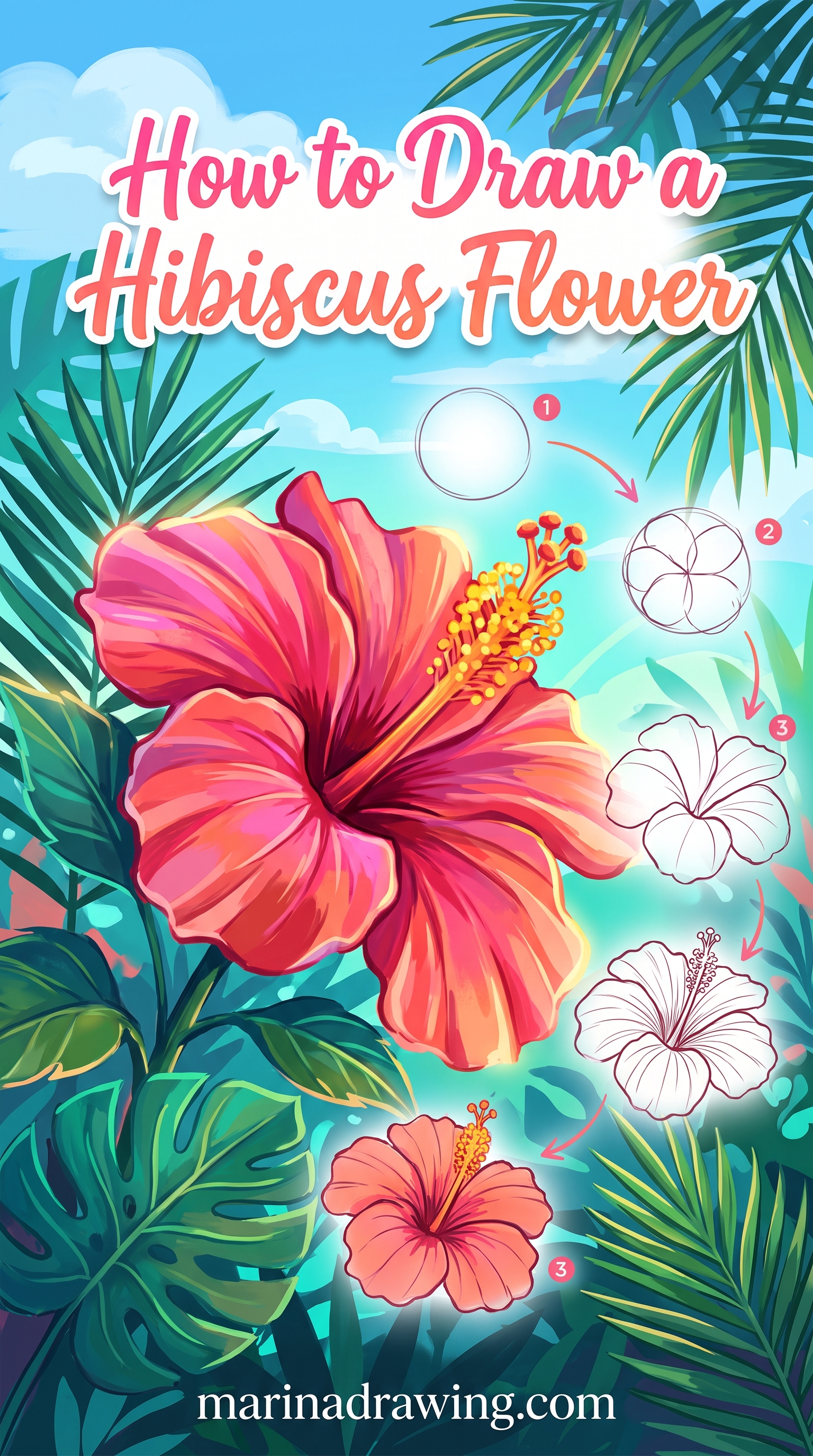 How to draw a hibiscus flower — a sheet of small coloured flower drawings in a grid for practising flower shapes, similar to how to draw flowers easy..