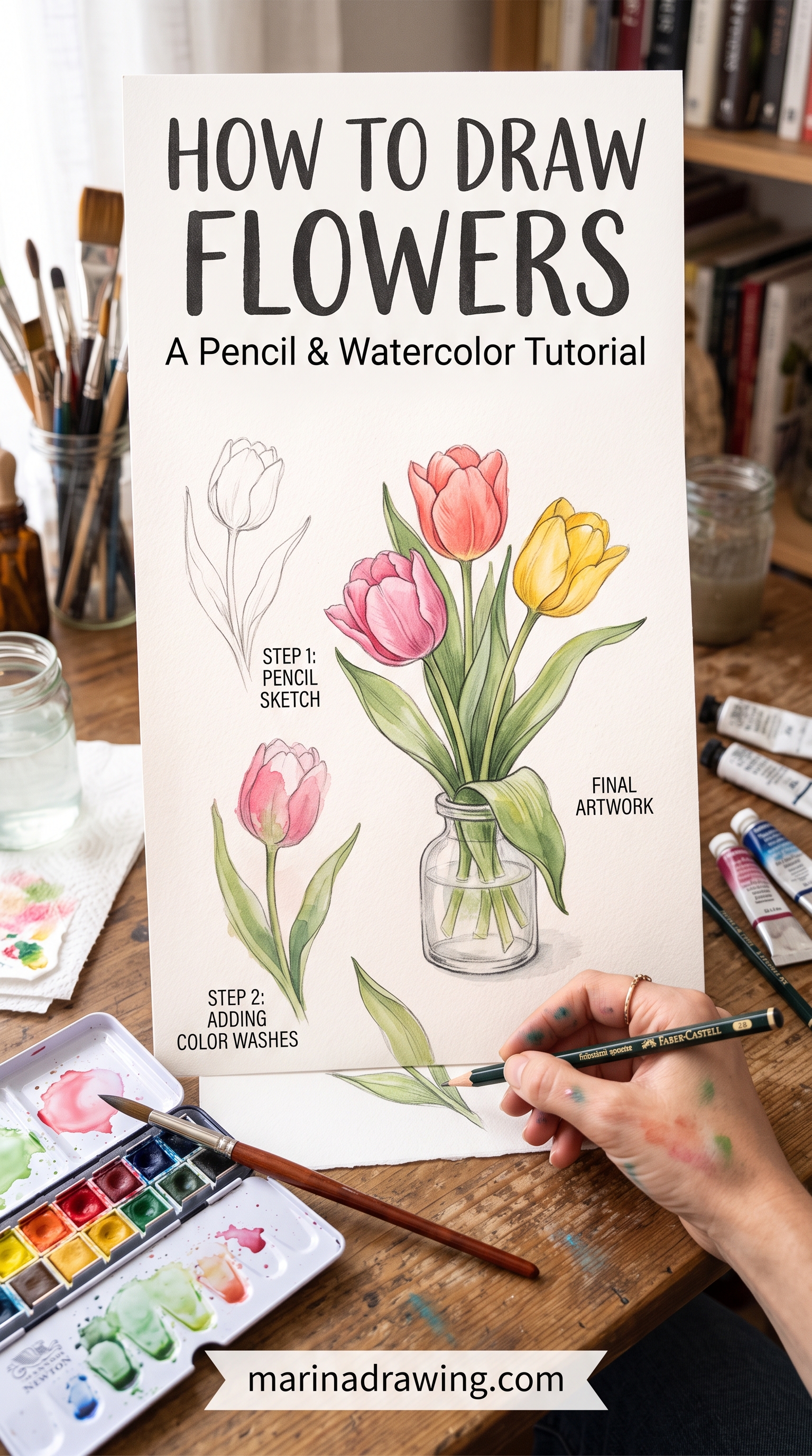 How to draw flowers — a sketchbook spread with three flowers each drawn in three stages, from pink construction lines to shaded pencil, similar to easy flower drawings..