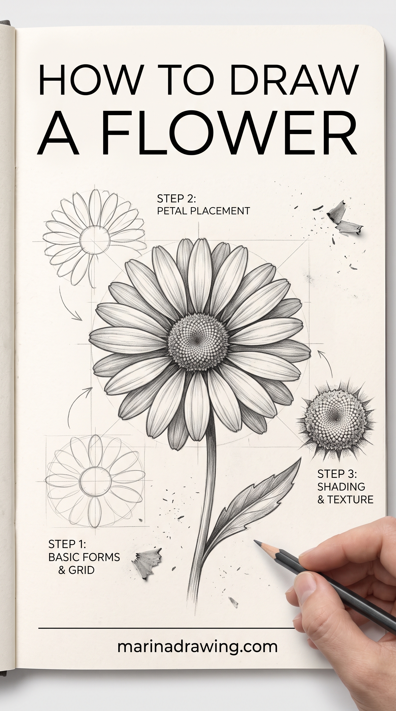How to draw a flower — a step by step flower drawing from a single stem to a finished bloom in six small panels, similar to how to draw flowers easy..