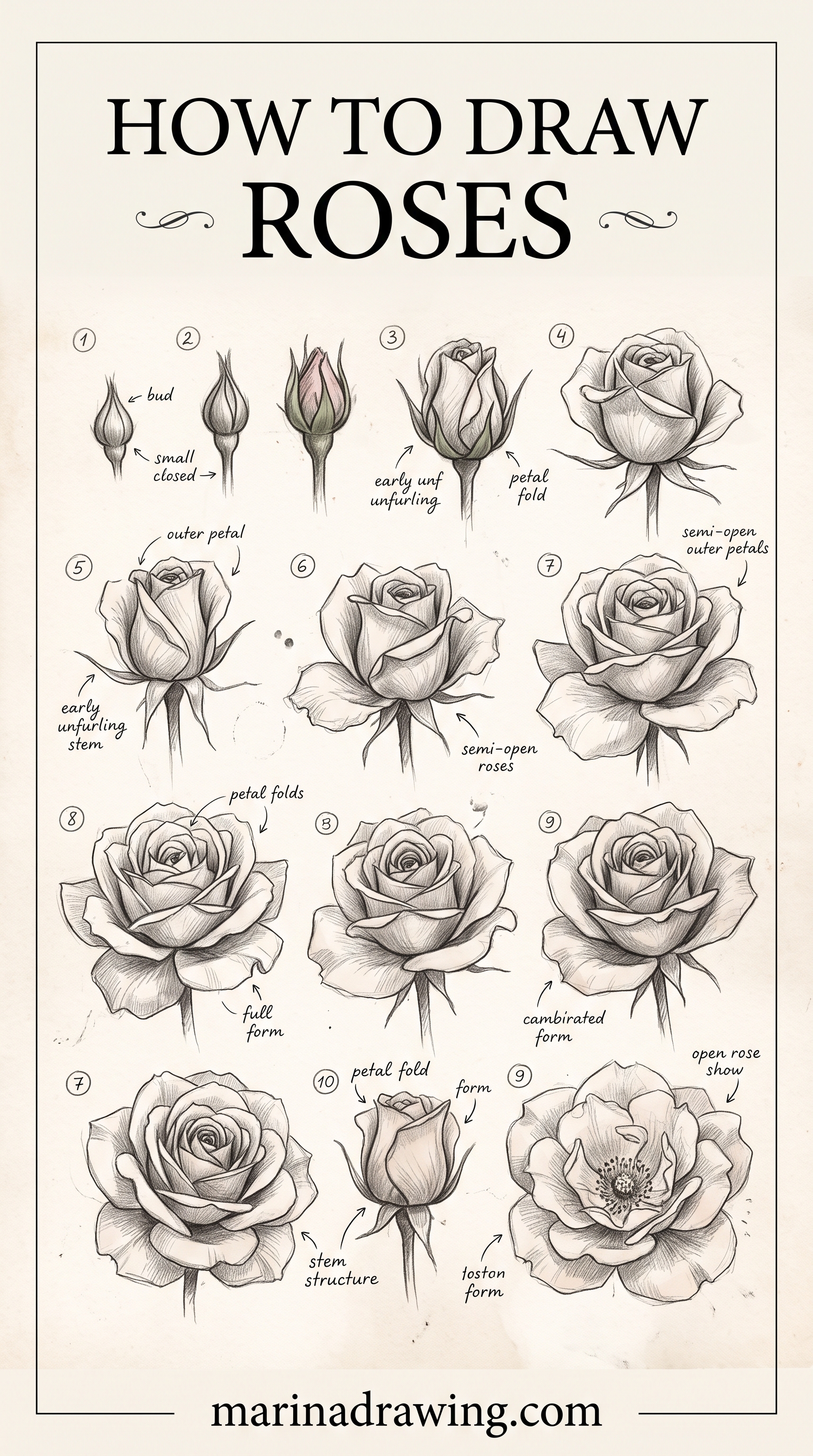 How to draw roses — a collection of five pencil rose sketches showing the spiral centre and petal layers, similar to how to draw a rose.