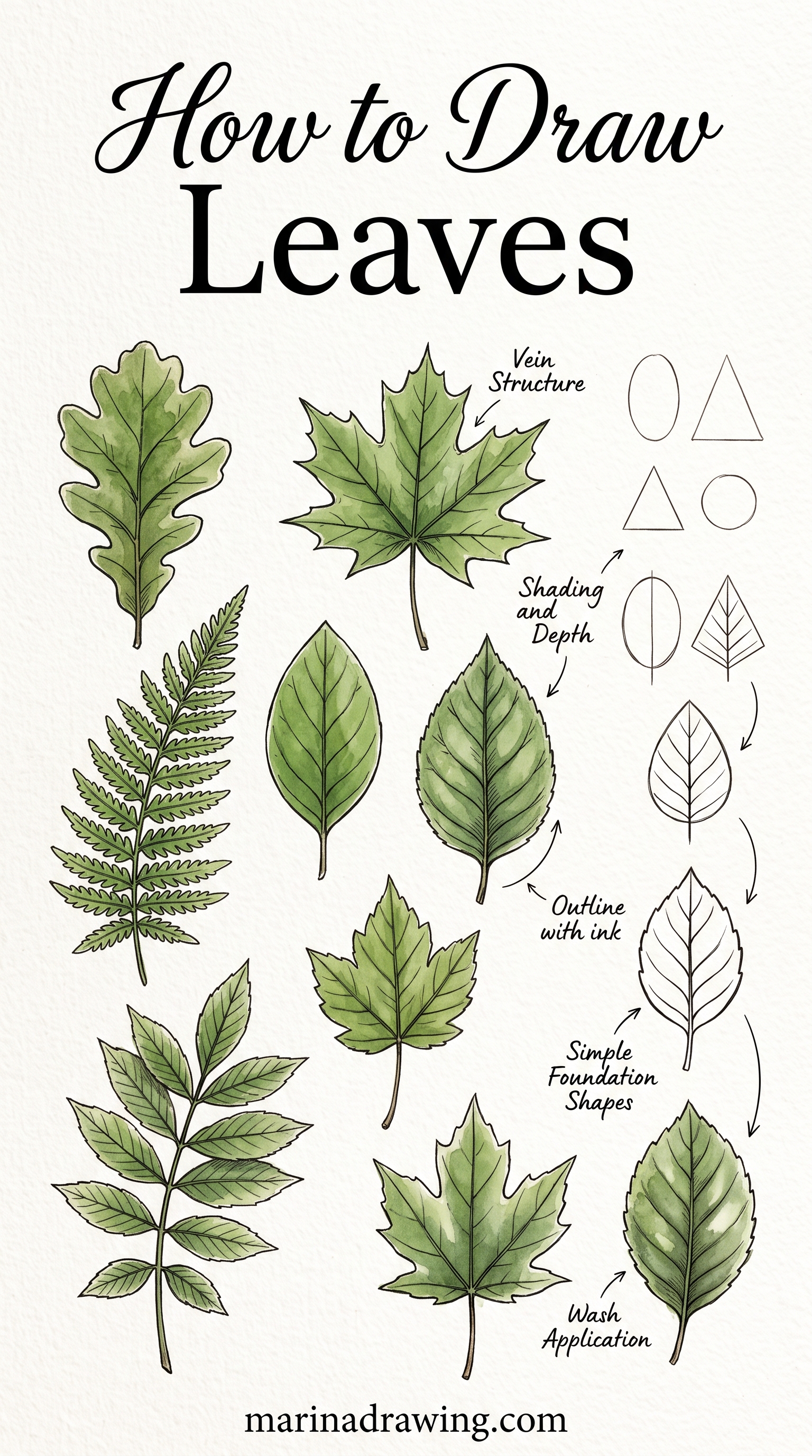 How to draw leaves — an illustrated tutorial sheet of leaf shapes and vein patterns, similar to how to draw a leaf.