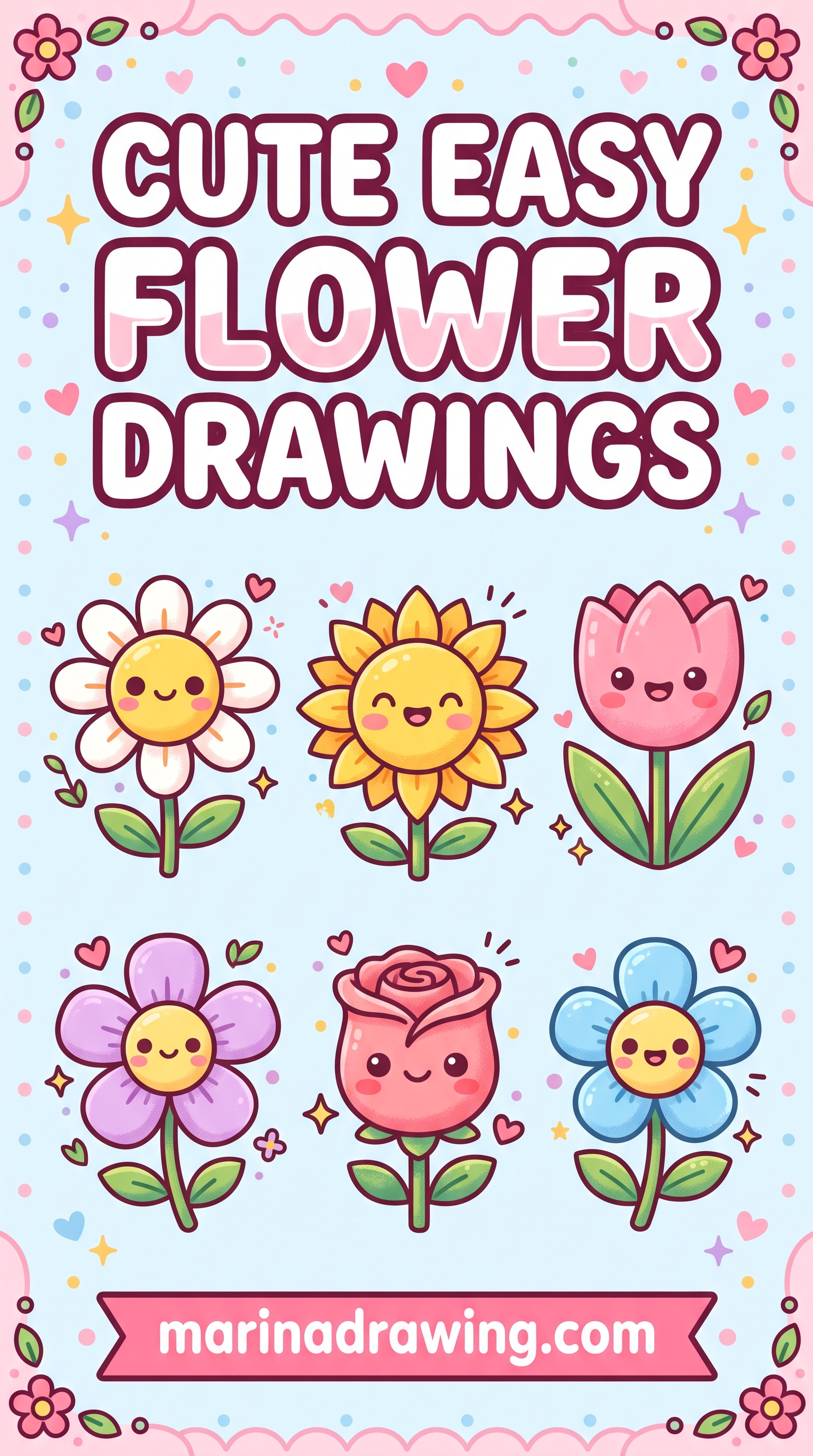 Cute easy flower drawings — a doodle-style sketchbook page of simple line-drawn flowers, similar to easy flower drawings simple.