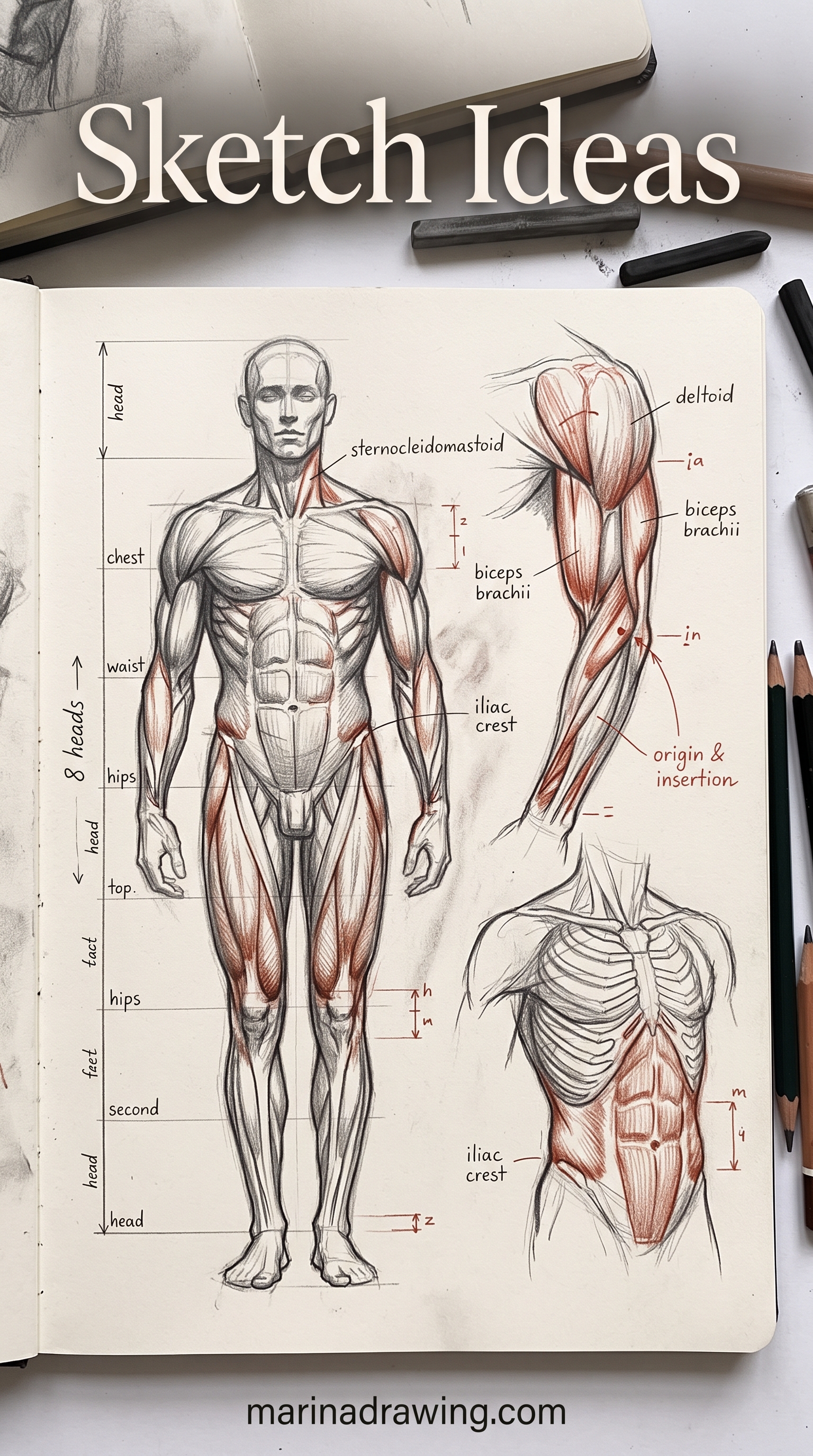 Sketch ideas — a study of human figure proportions broken into sections, similar to sketchbook ideas drawings.