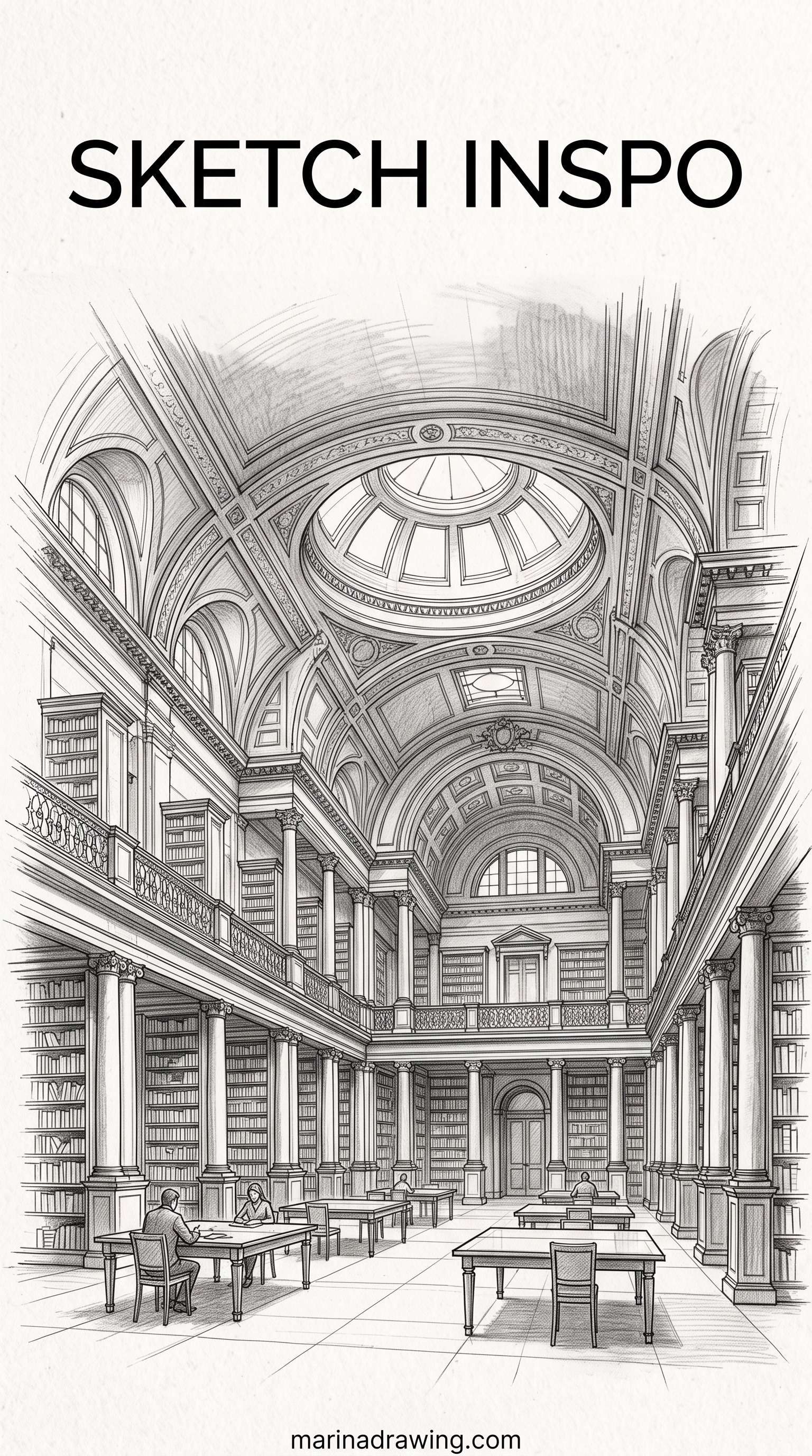 Sketch ideas — a one-point perspective drawing of a library interior, similar to sketching ideas from your window.