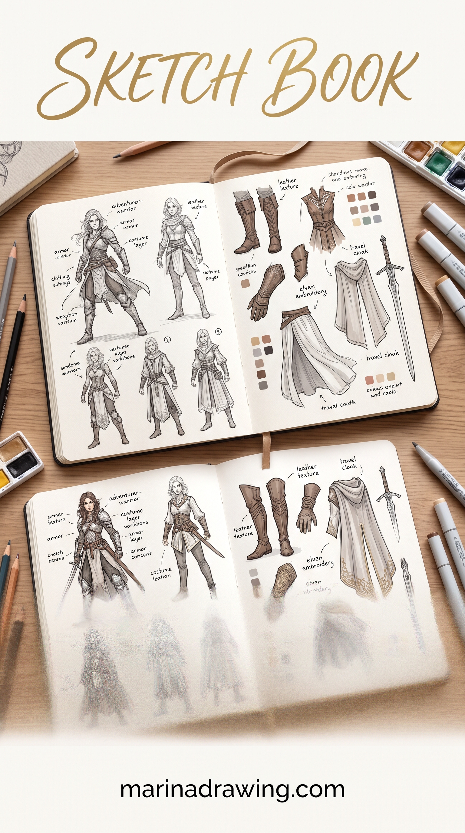 Sketch book — a sketchbook spread displaying character studies from multiple angles, similar to sketch ideas.