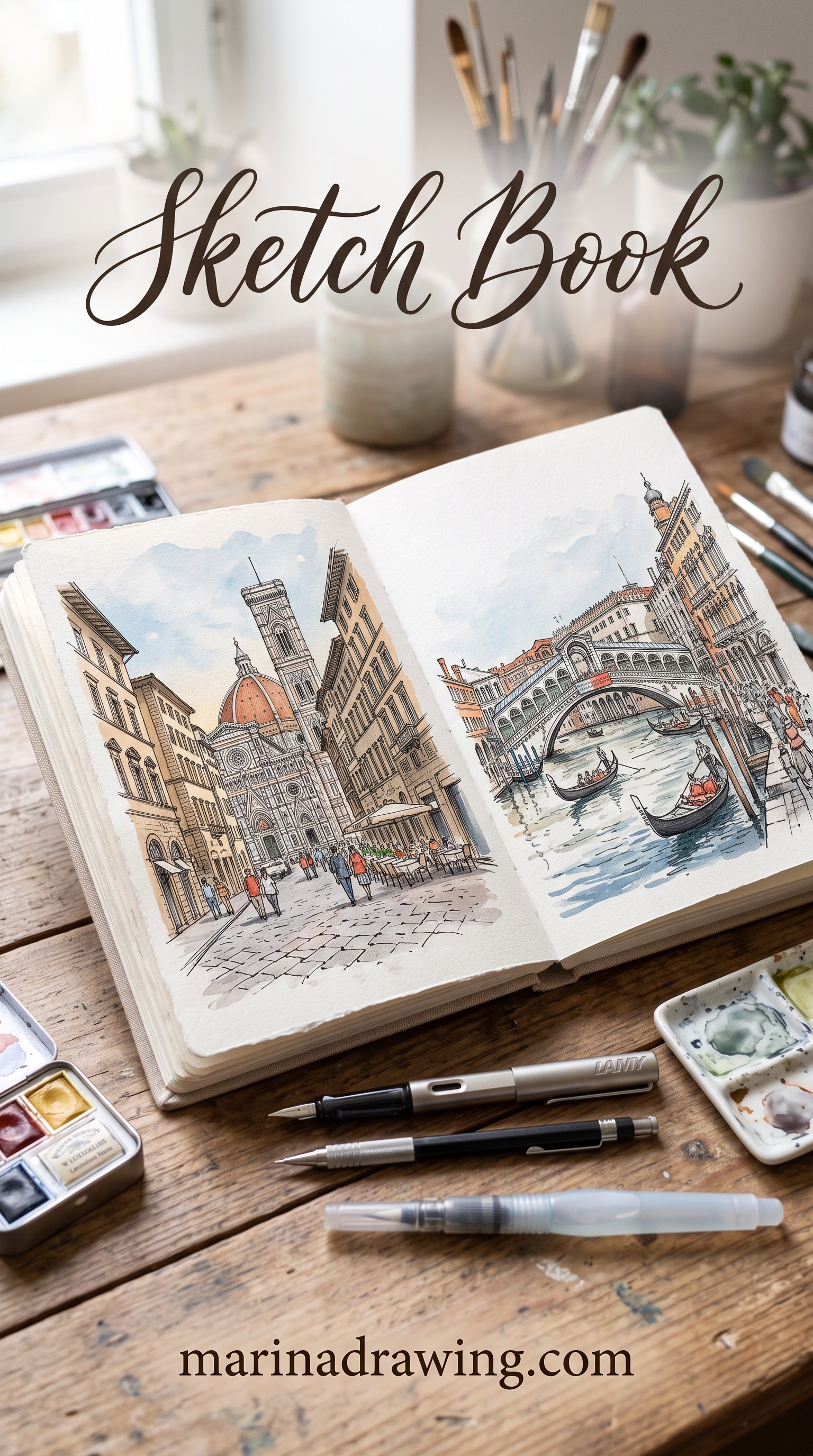 Sketch book — an artist displaying a filled urban sketchbook, similar to sketching ideas from your window.