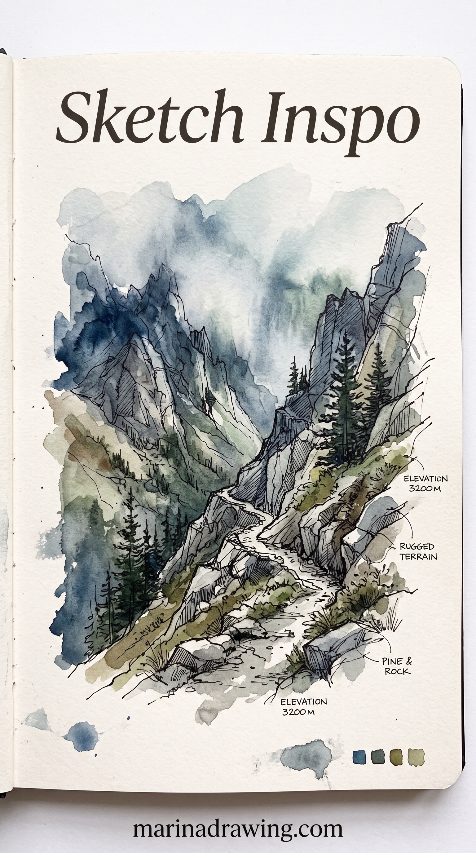 Sketch inspo — a loose watercolor sketch of a mountain pass landscape, similar to aesthetic sketch ideas.