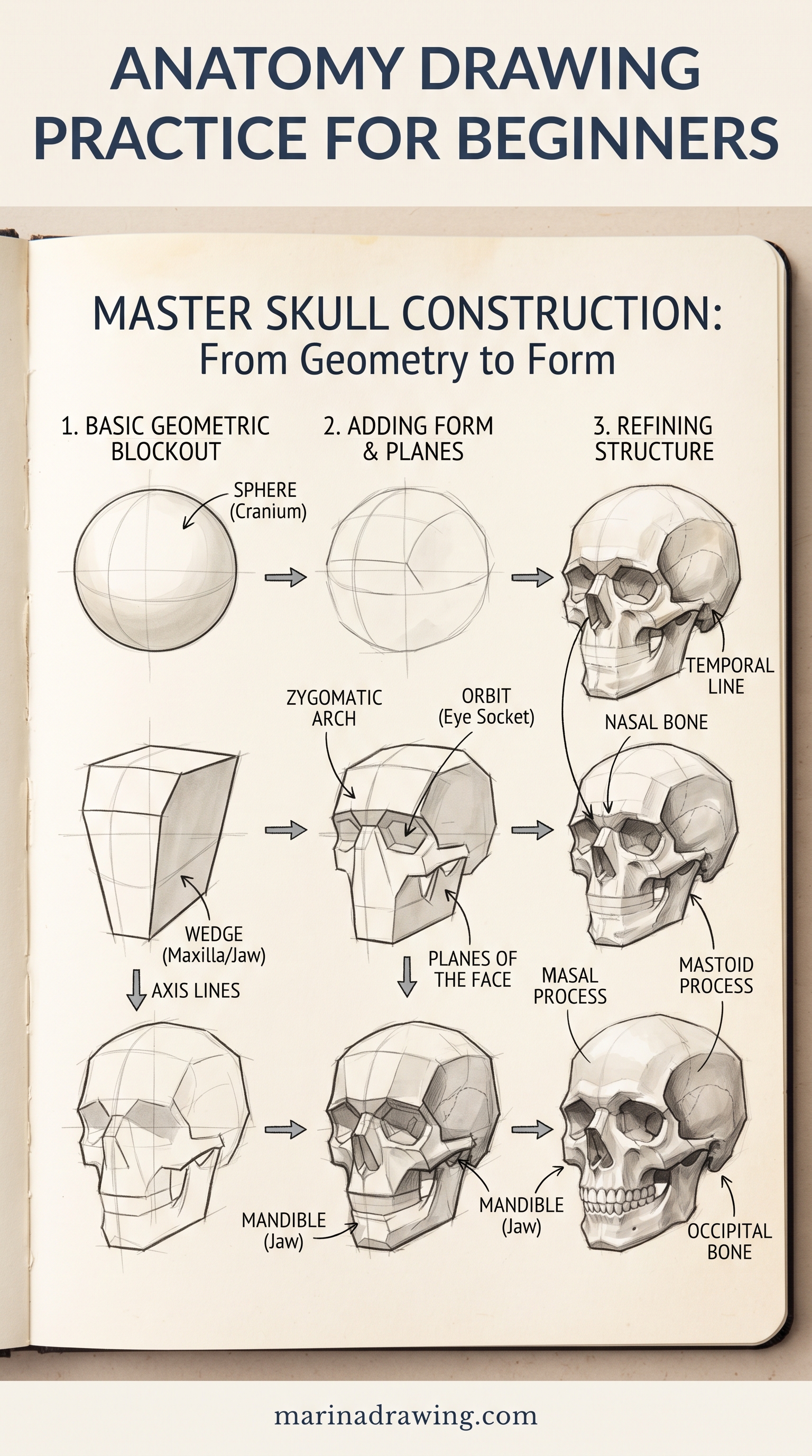 Anatomy drawing practice for beginners — a proportion study drawn before detail is added, similar to beginner anatomy drawing.