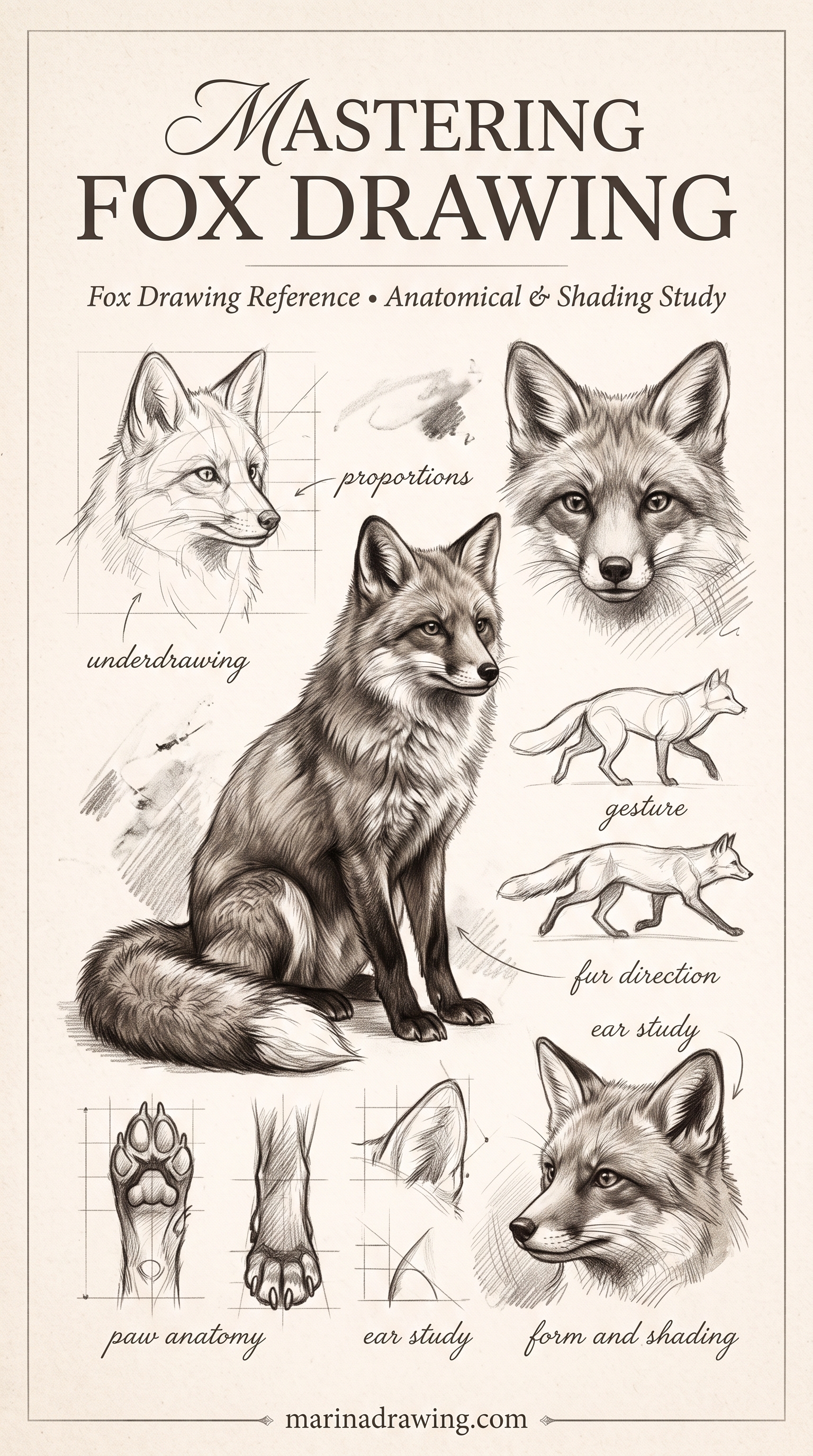 Red Fox Drawing in Pencil, Side View