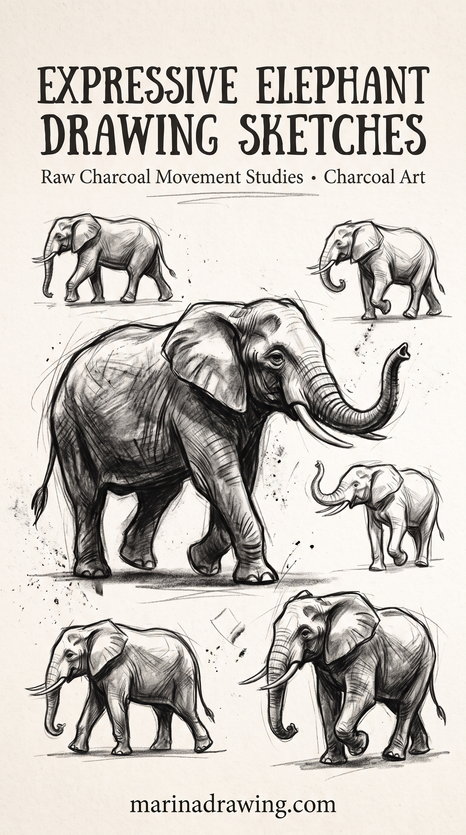 Charcoal Elephant Drawing Sketches, Three Poses