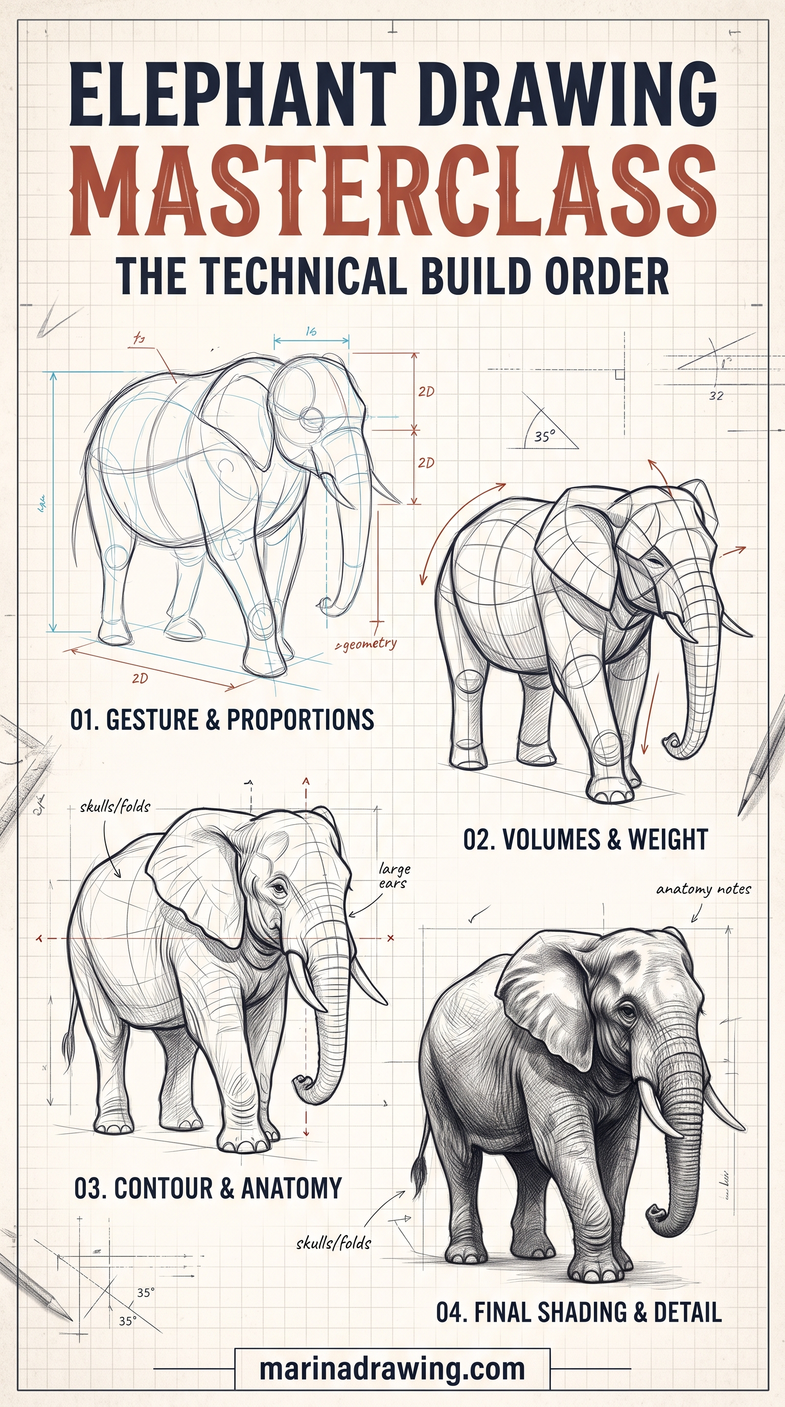 Elephant Drawing Masterclass Layout, All Eleven Poses