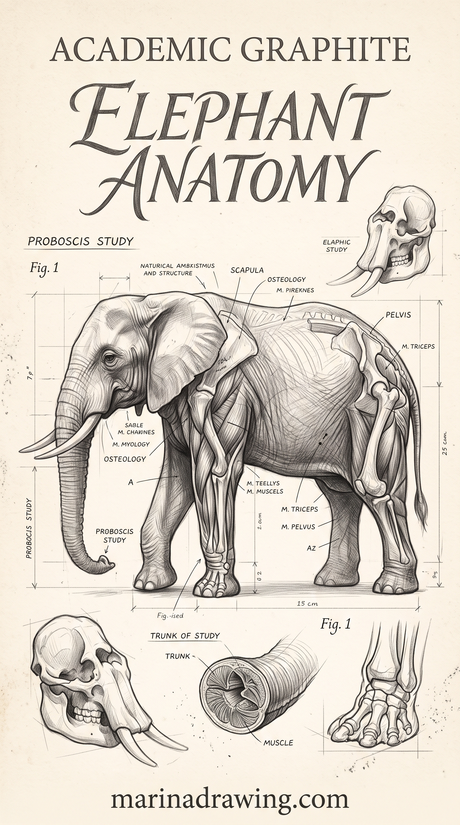 Pencil Drawing of Elephant, Full Body Build