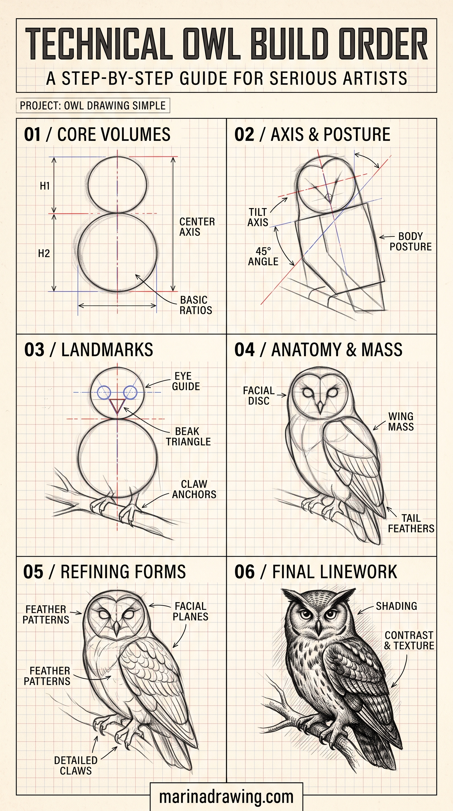 Owl Drawing Guide, Full Technical Build Order