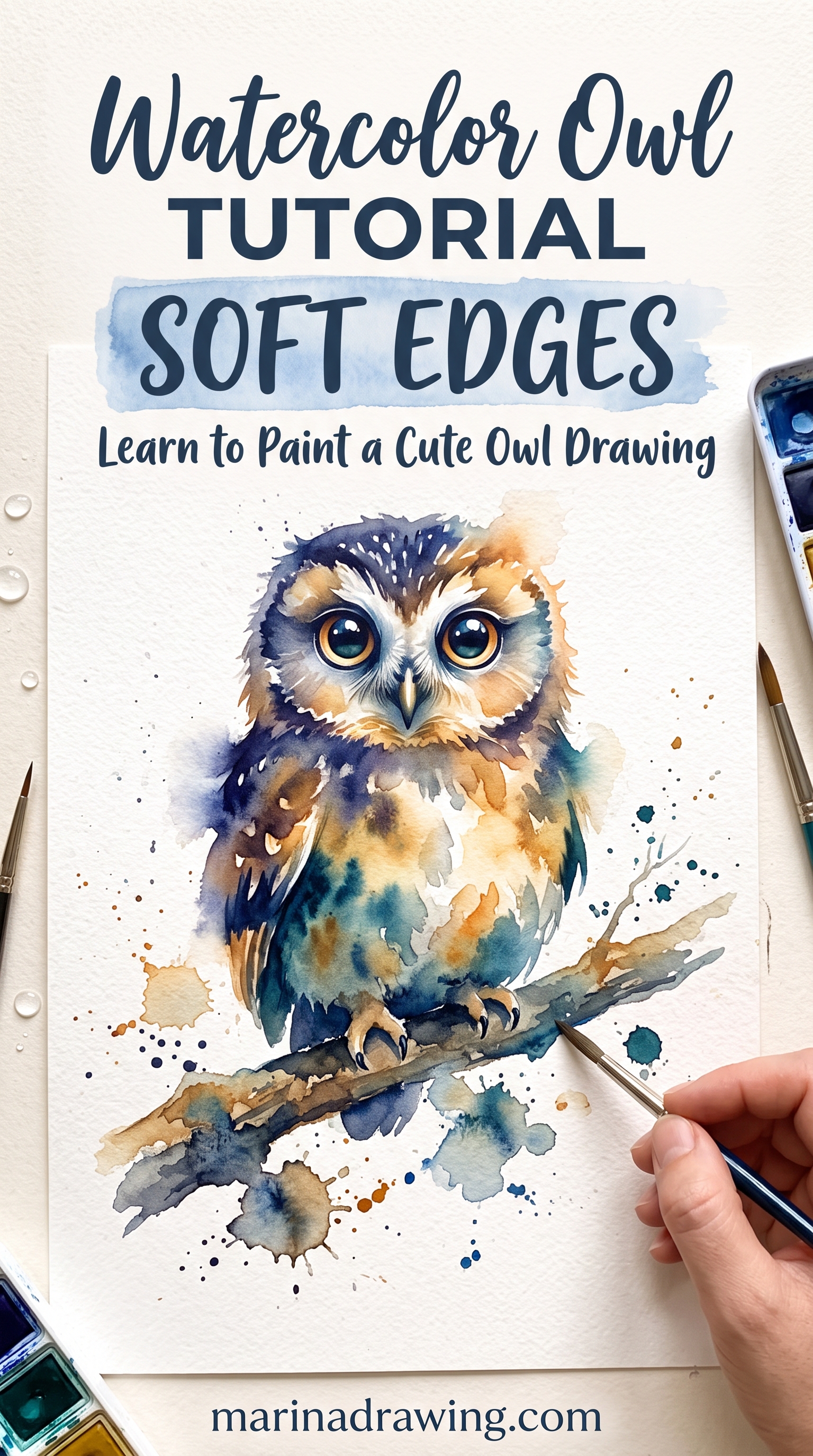 Watercolor Owl Drawing Over Pencil Shapes