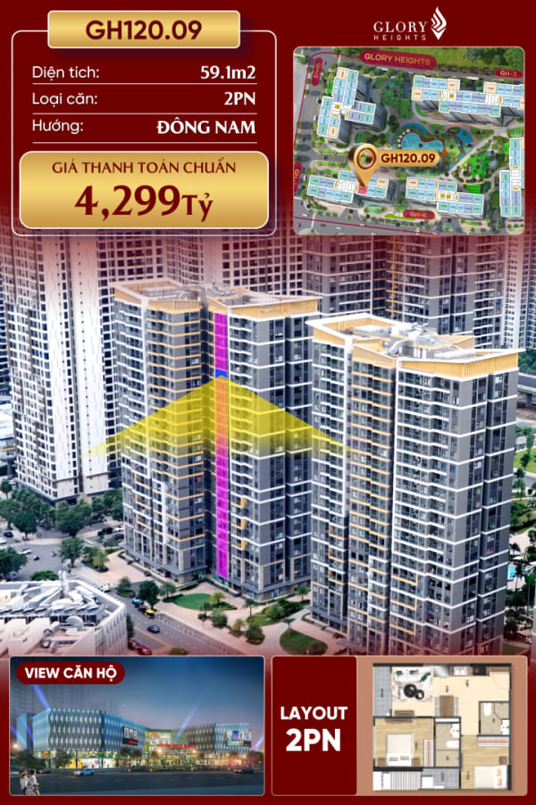 Bán 4.3 tỷ 59.1m² Căn hộ Glory Heights - Vinhomes Grand Park, Long Bình, Thành phố Hồ Chí Minh - Ảnh 1