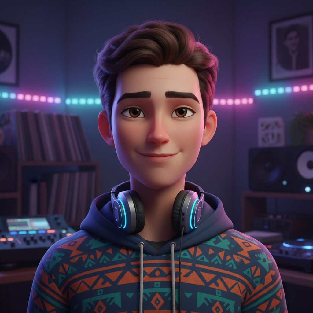 Young male character in a hoodie with headphones