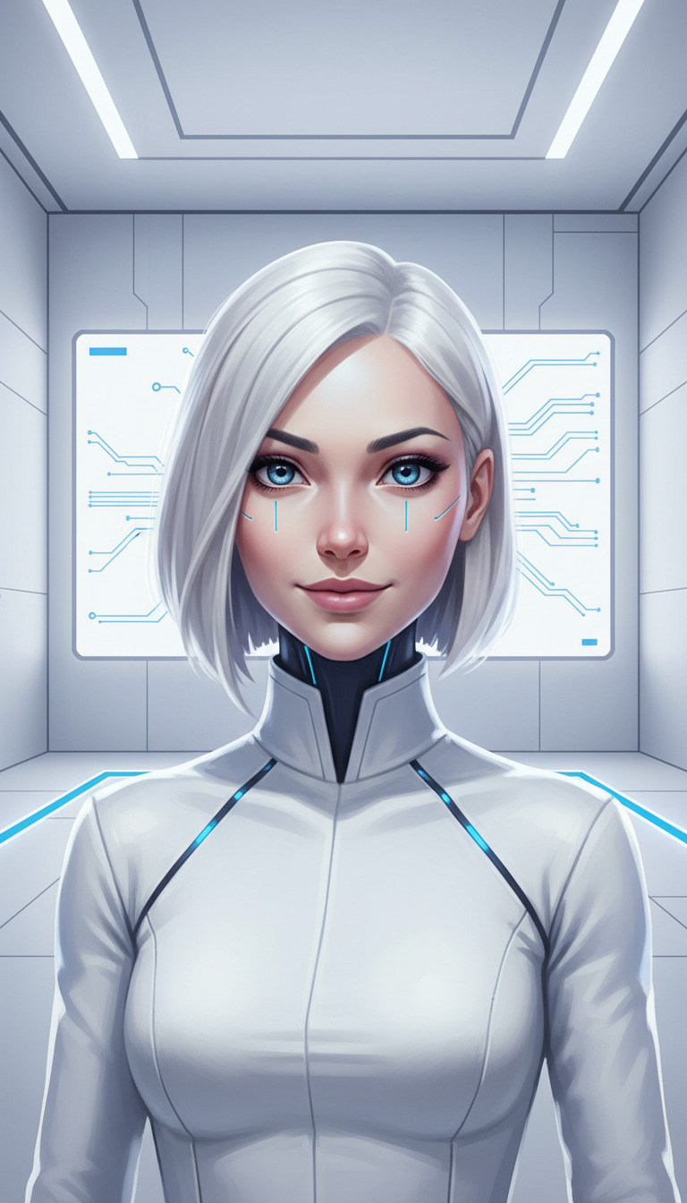 Young woman with short white hair in a futuristic outfit