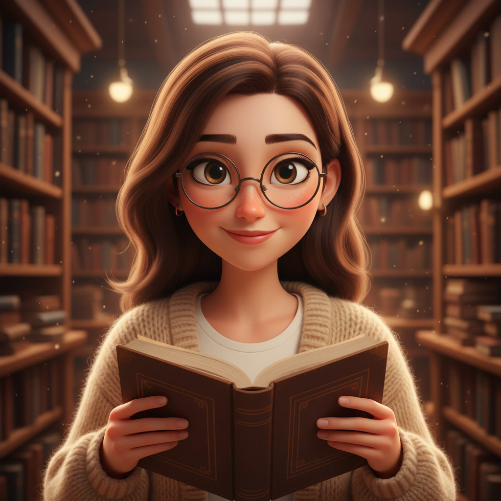 Young woman in a cozy library holding a book