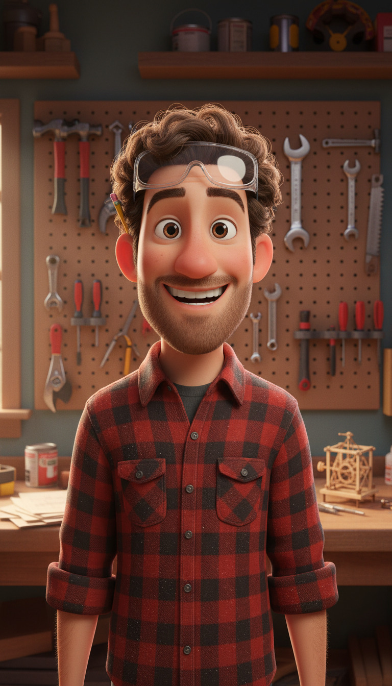 Young man with curly hair and glasses in a workshop