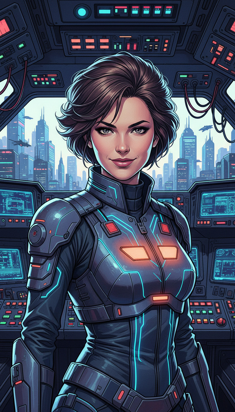 Young female character in futuristic sci-fi outfit