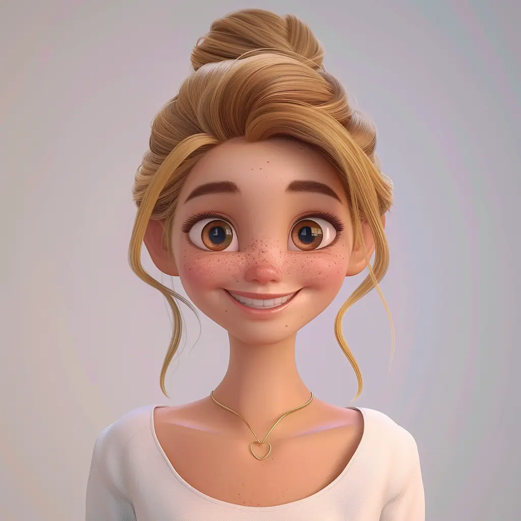 Young woman with a bun hairstyle and freckles