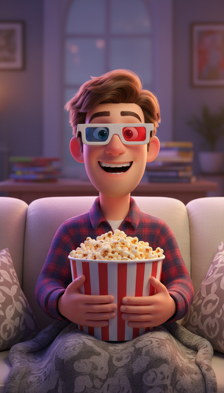 Young male character in 3D style sitting on a couch with popcorn