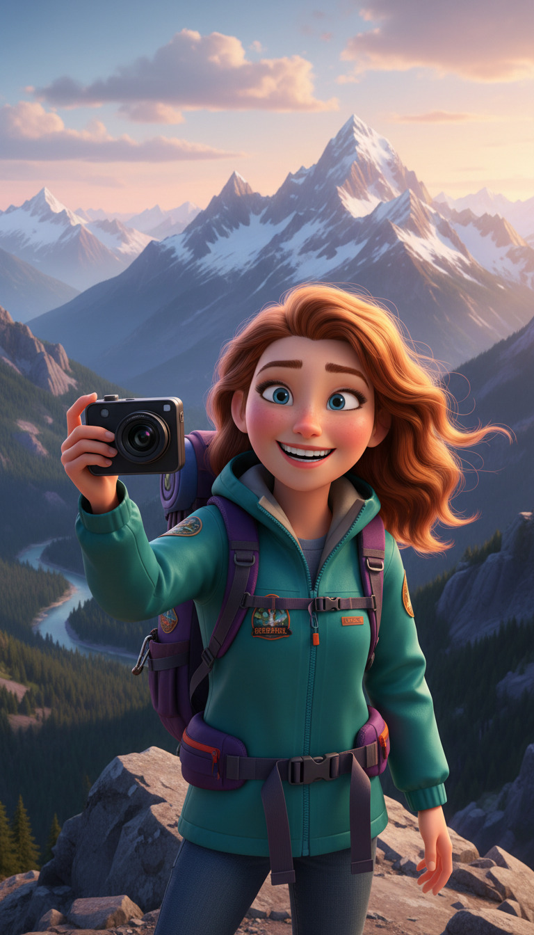 Young woman with curly hair holding a camera outdoors