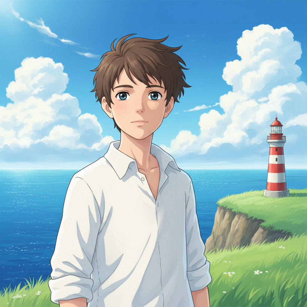 Young male character in a white shirt by the sea