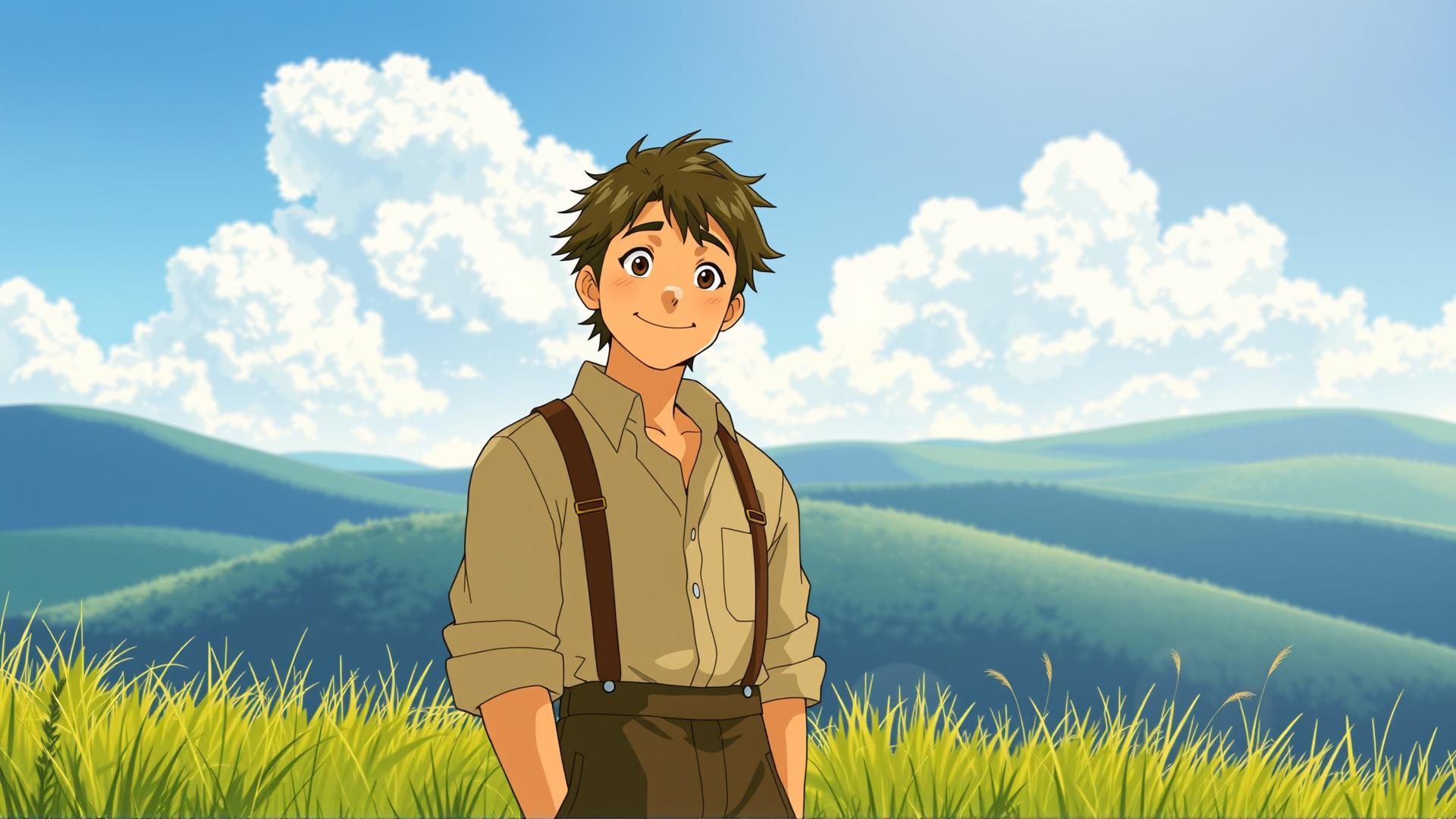 Young male character standing in a grassy field