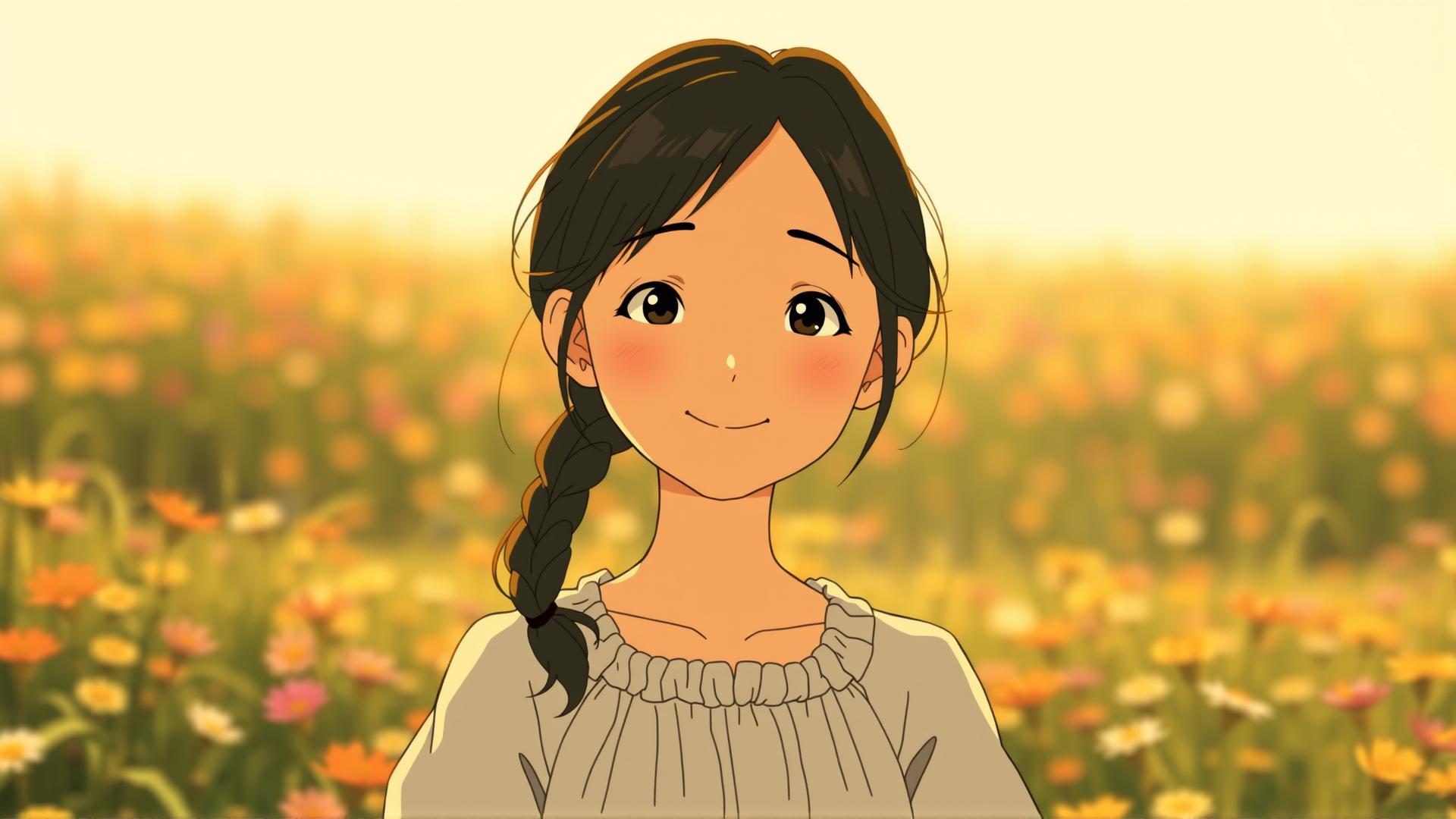 Young Asian woman with a braid in a flower field