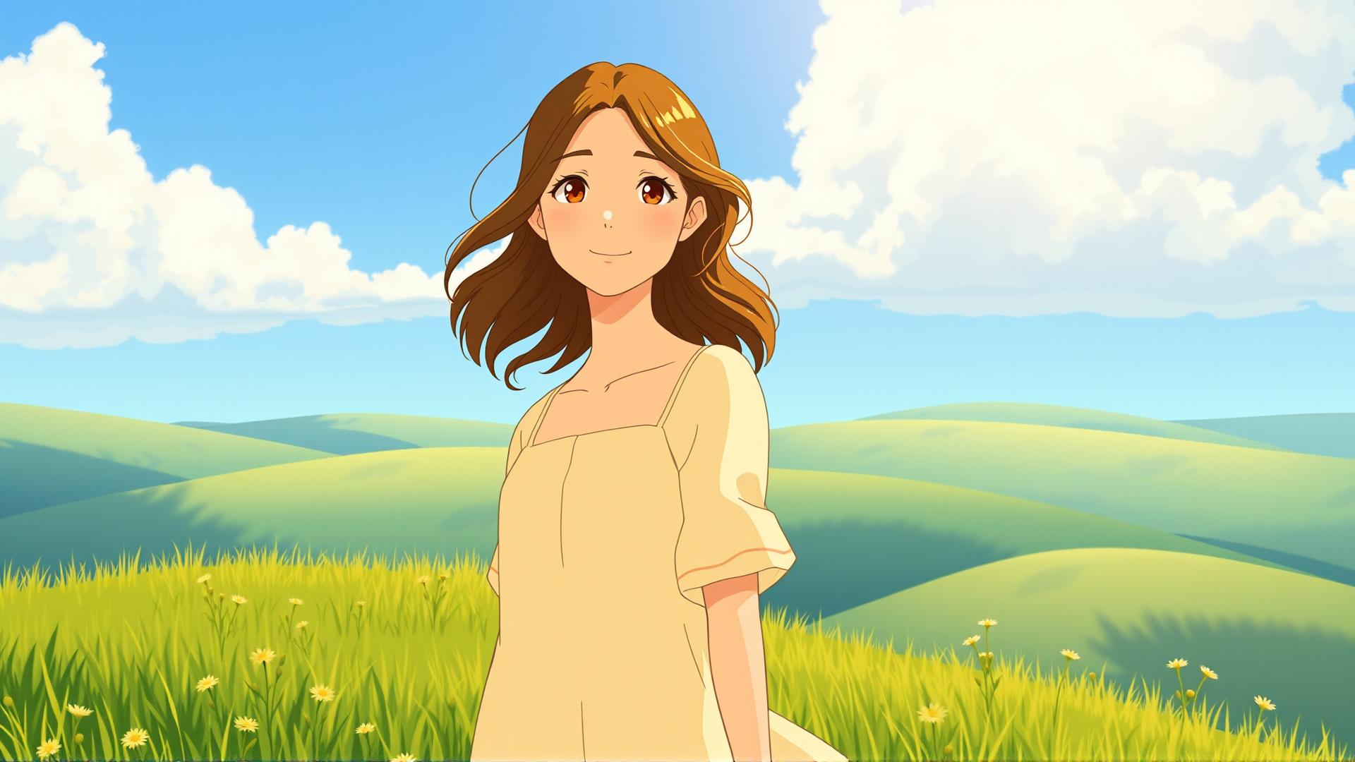 Young woman with long brown hair in a yellow dress in a grassy landscape