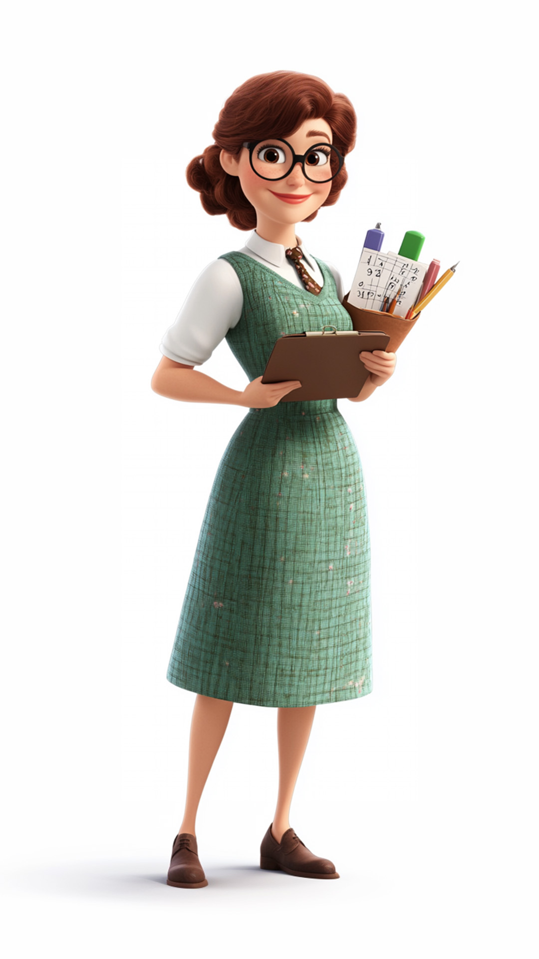 Animated woman in green dress with glasses