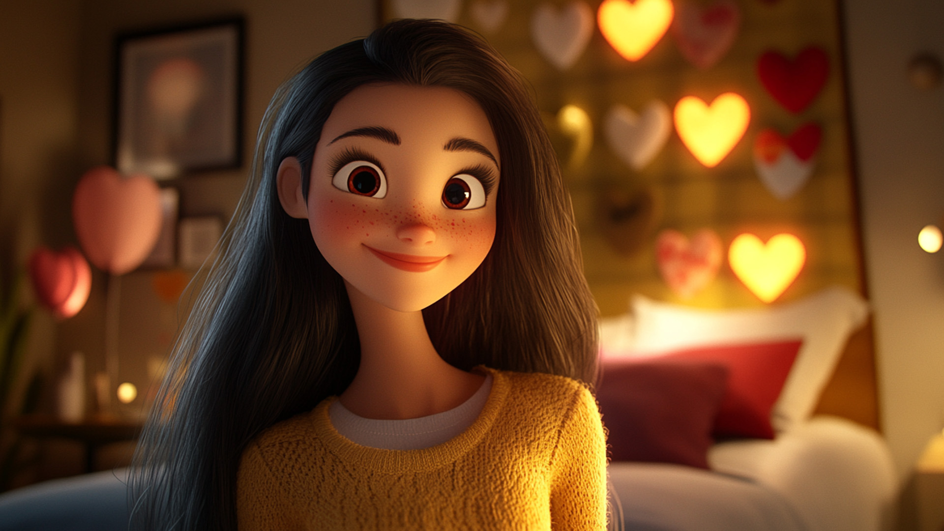 Young woman with long hair and freckles in a cozy indoor setting