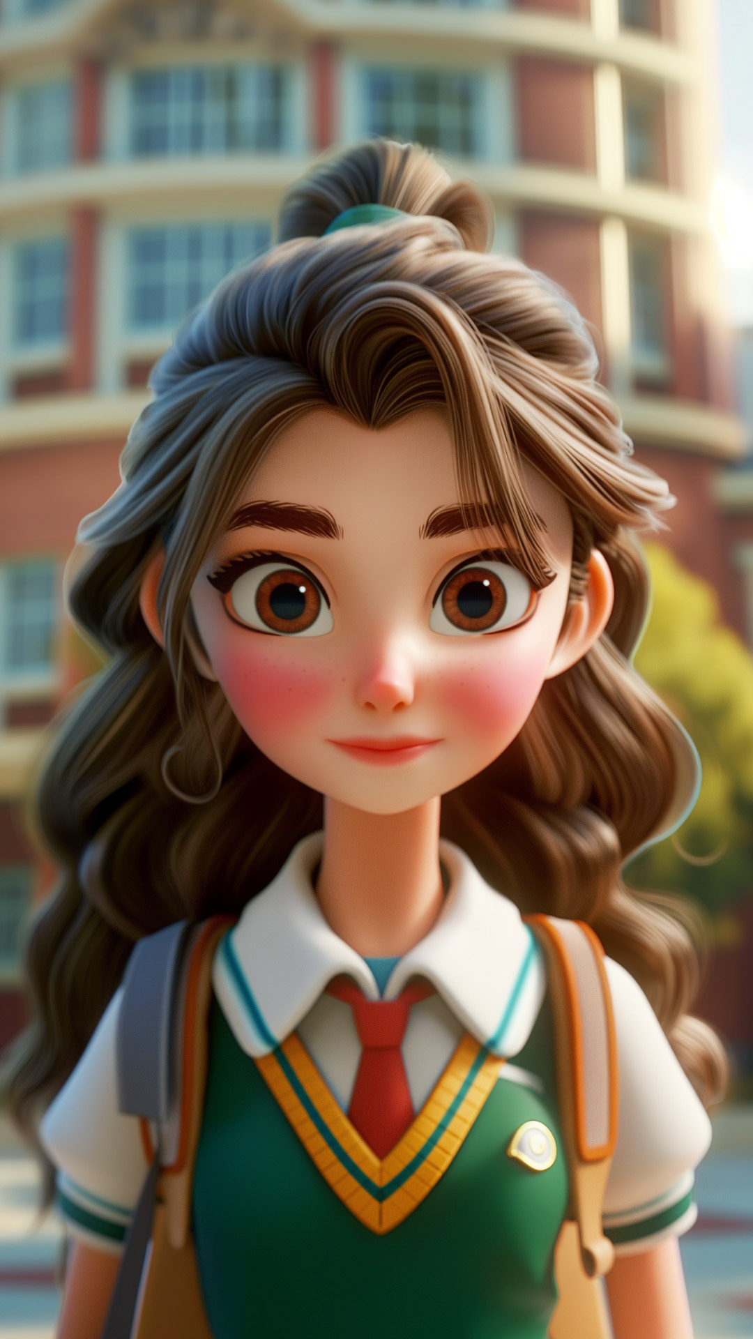 Young girl with curly hair in school uniform