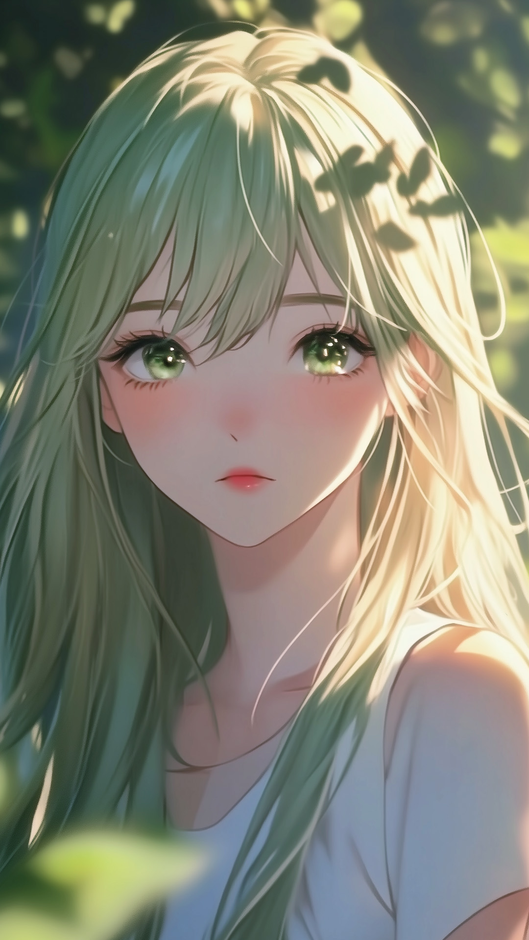 Young woman with long green hair and green eyes