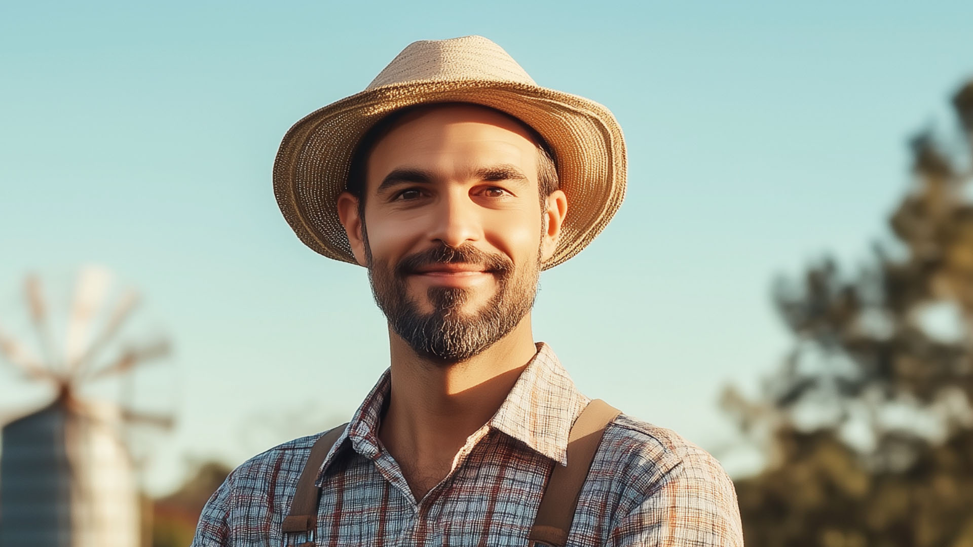Smiling man in straw hat and plaid shirt